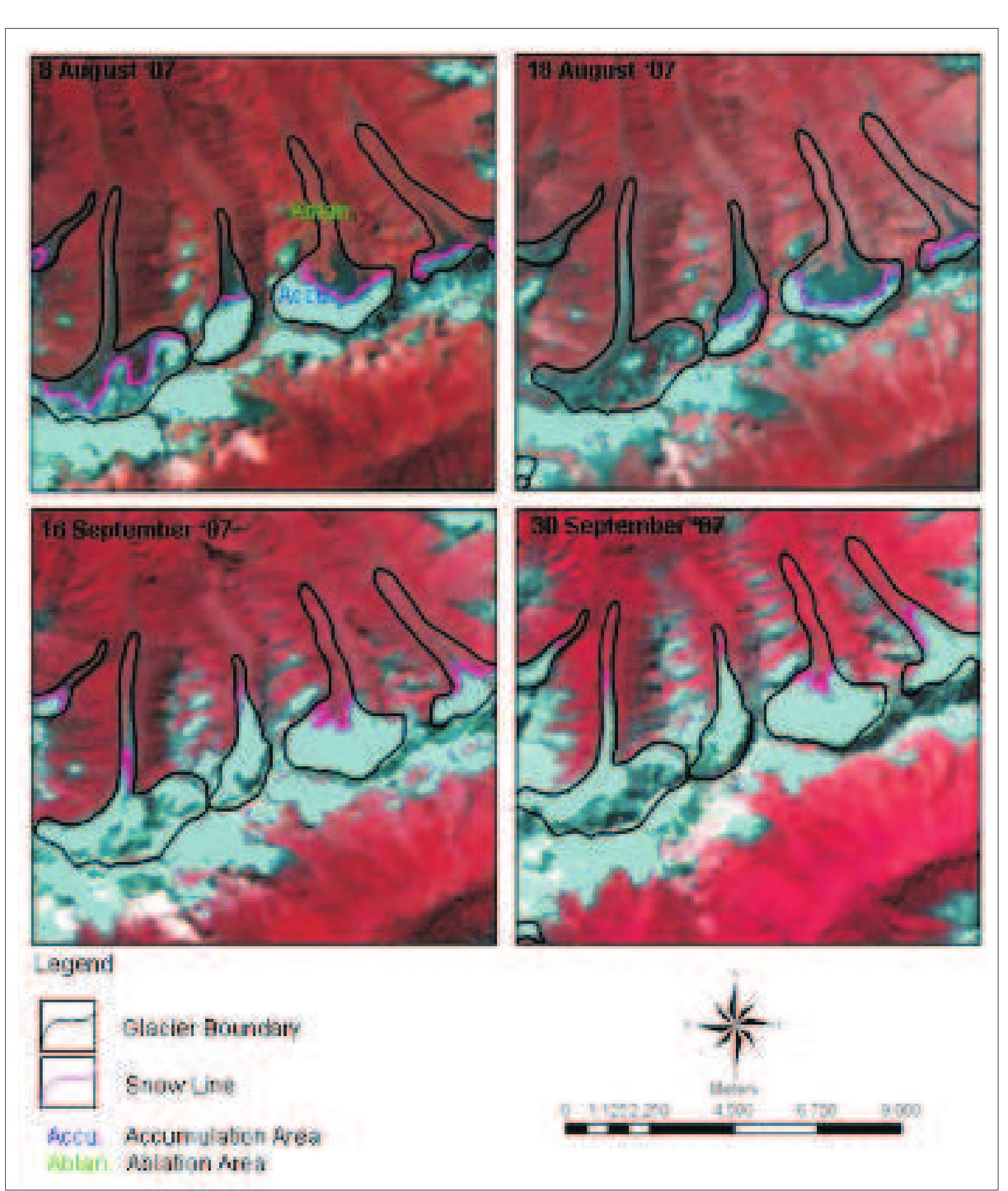 Figure: 64 IRS P6 Images showing fluctuation of snow line for 2007 Glacier of Miyar Basin 