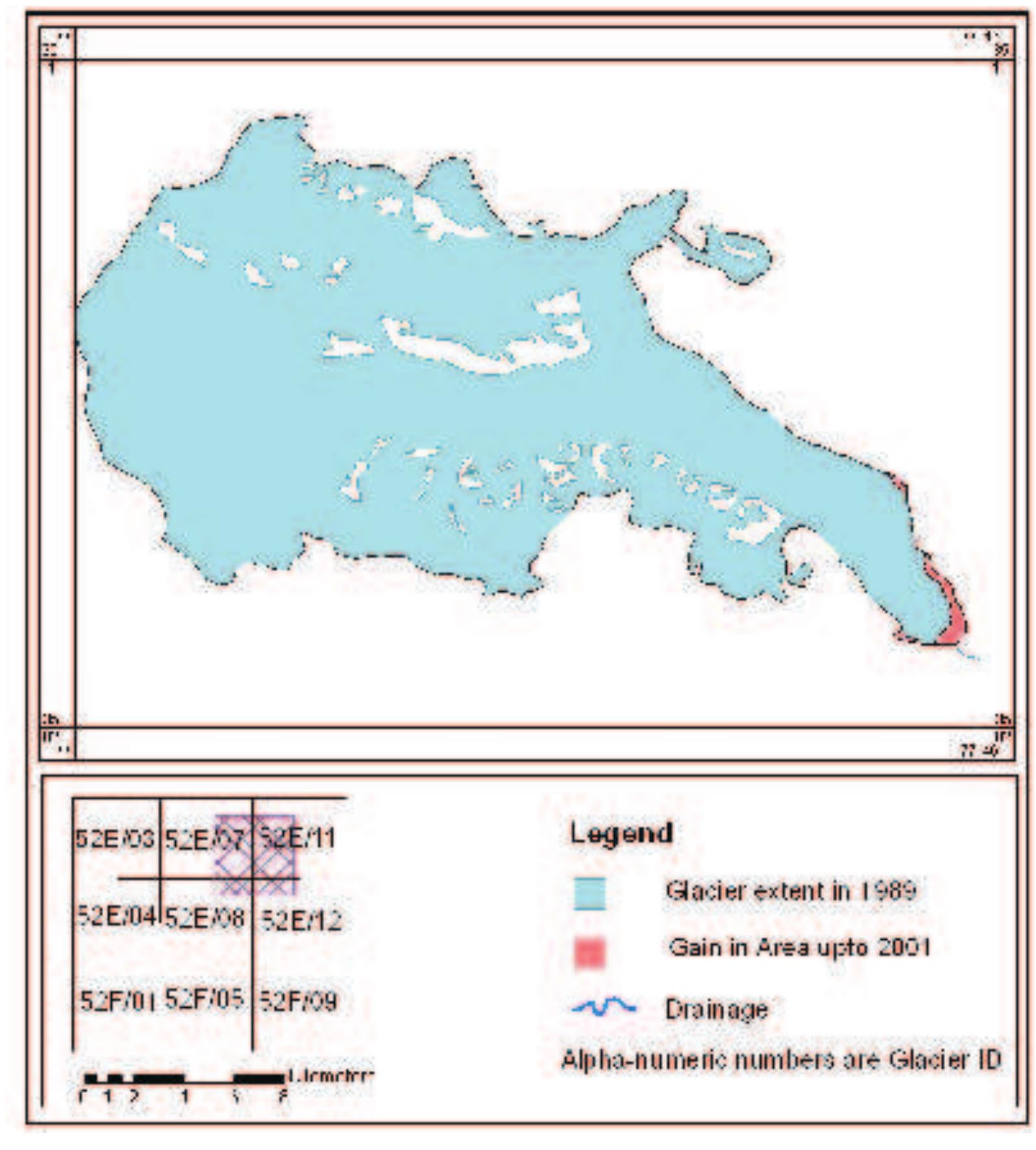 Figure 202: Map showing gain in area in North Remo glacier of Shyok sub-basin between 1989 and 2001 