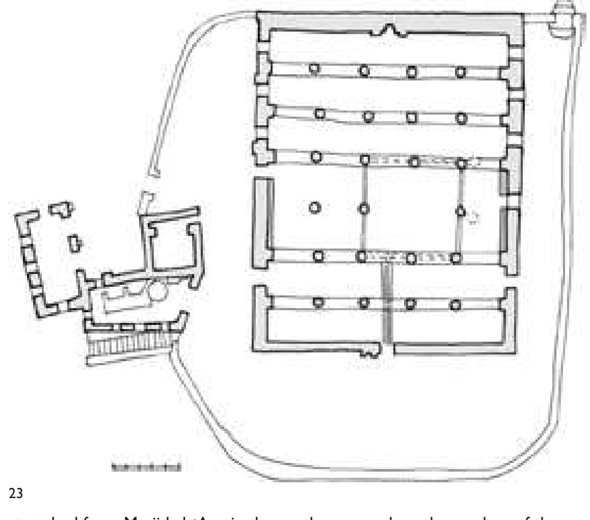 on a prominent artificial terrace sitting on an inclined retaining structure constructed from wadi stone (25) (Costa 2001: 84-86). The access to this high terrace is through  a staircase from the date plantation and overlooked by a watchtower on the northeast corner of the terrace, which adds to the majestic quality of this diminutive architectural piece. The fortified appearance — enhanced by the loopholes and arrow slits added to the tower and the high enclosure wall — allude to a defensive character and role of certain mosques in central Oman, to which | shall return in Chapter 9. 
