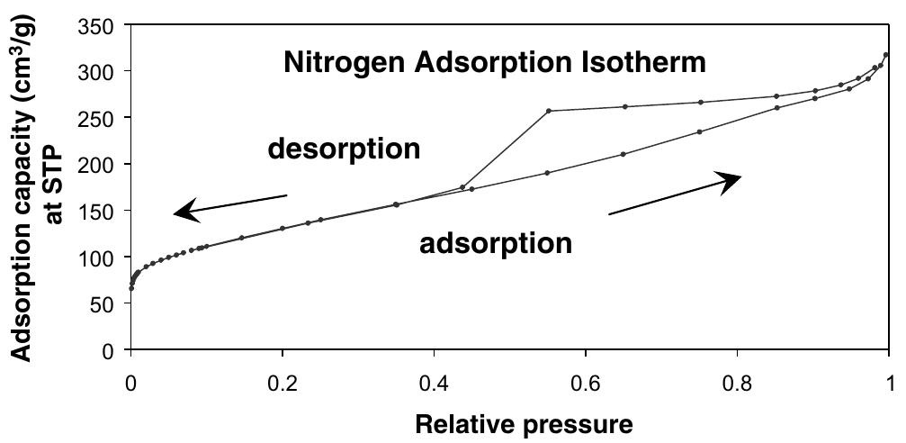 Fig. 3. Nitrogen adsorption and desorption isotherms for reduced exfoliated GO. The shape of the isotherm indicates that the material contains both micro and mesopores [53]. 