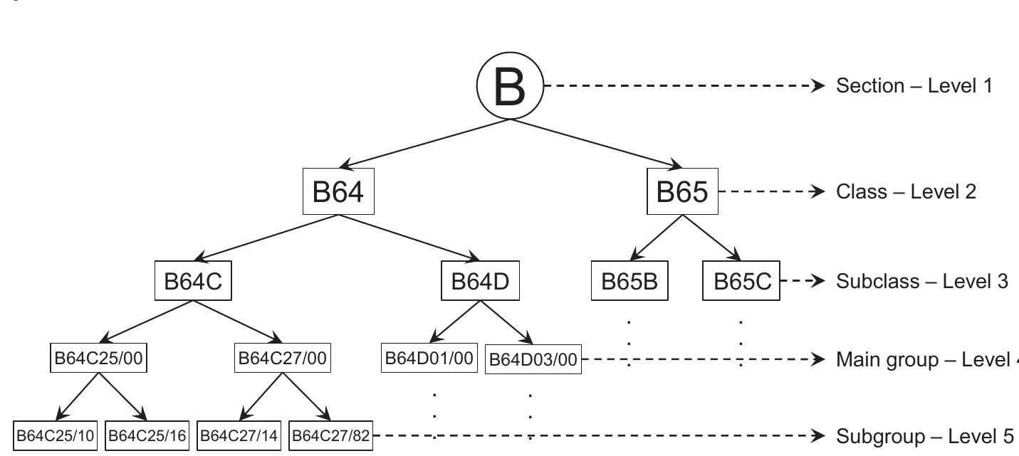 Fig. 1. Example of a portion of the IPC hierarchy starting in level 1, section B. The root node is level 0 (not shown). 