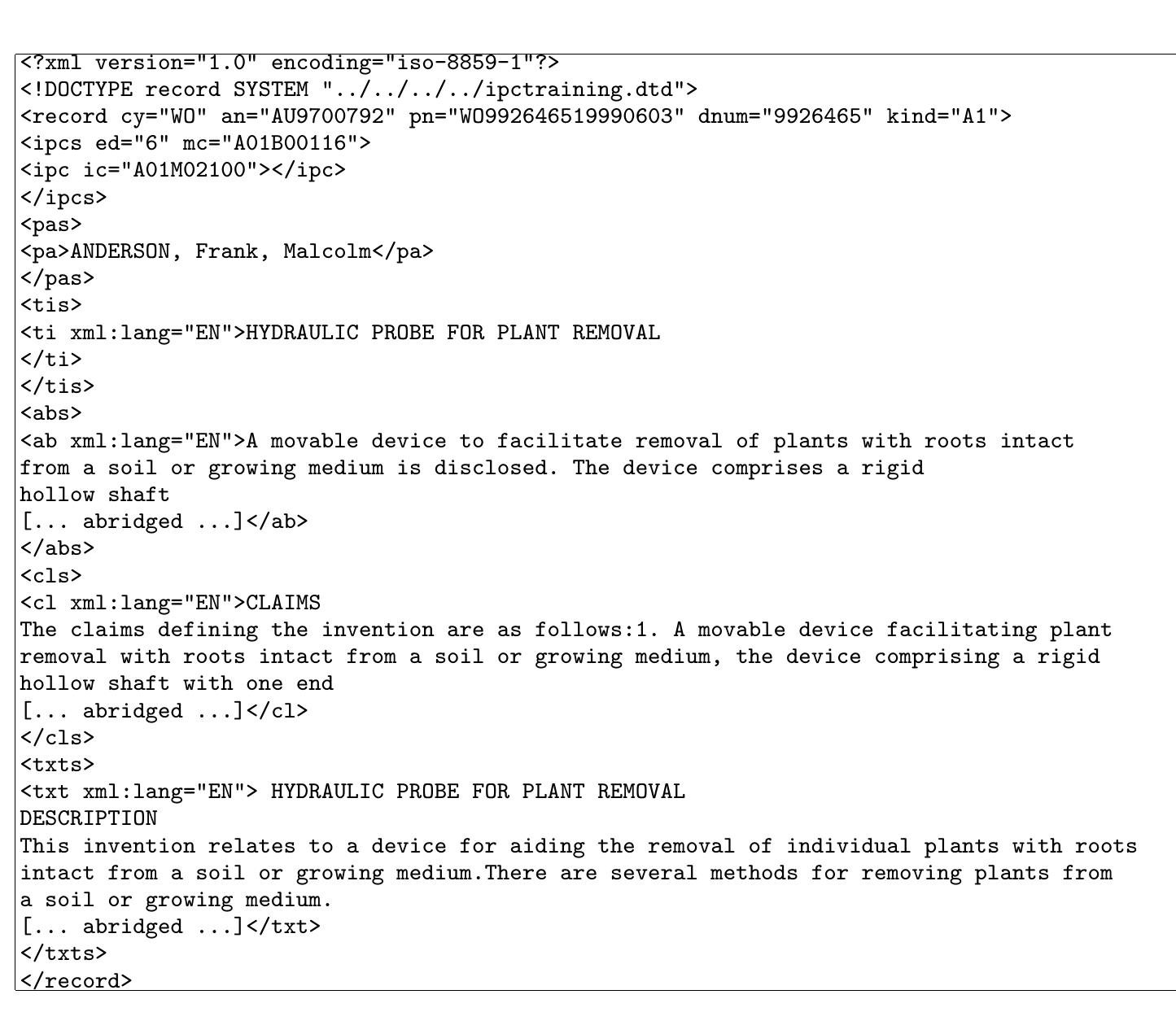 Fig. 2. Example of the XML structure of an abridged patent from the WIPO-alpha dataset. 