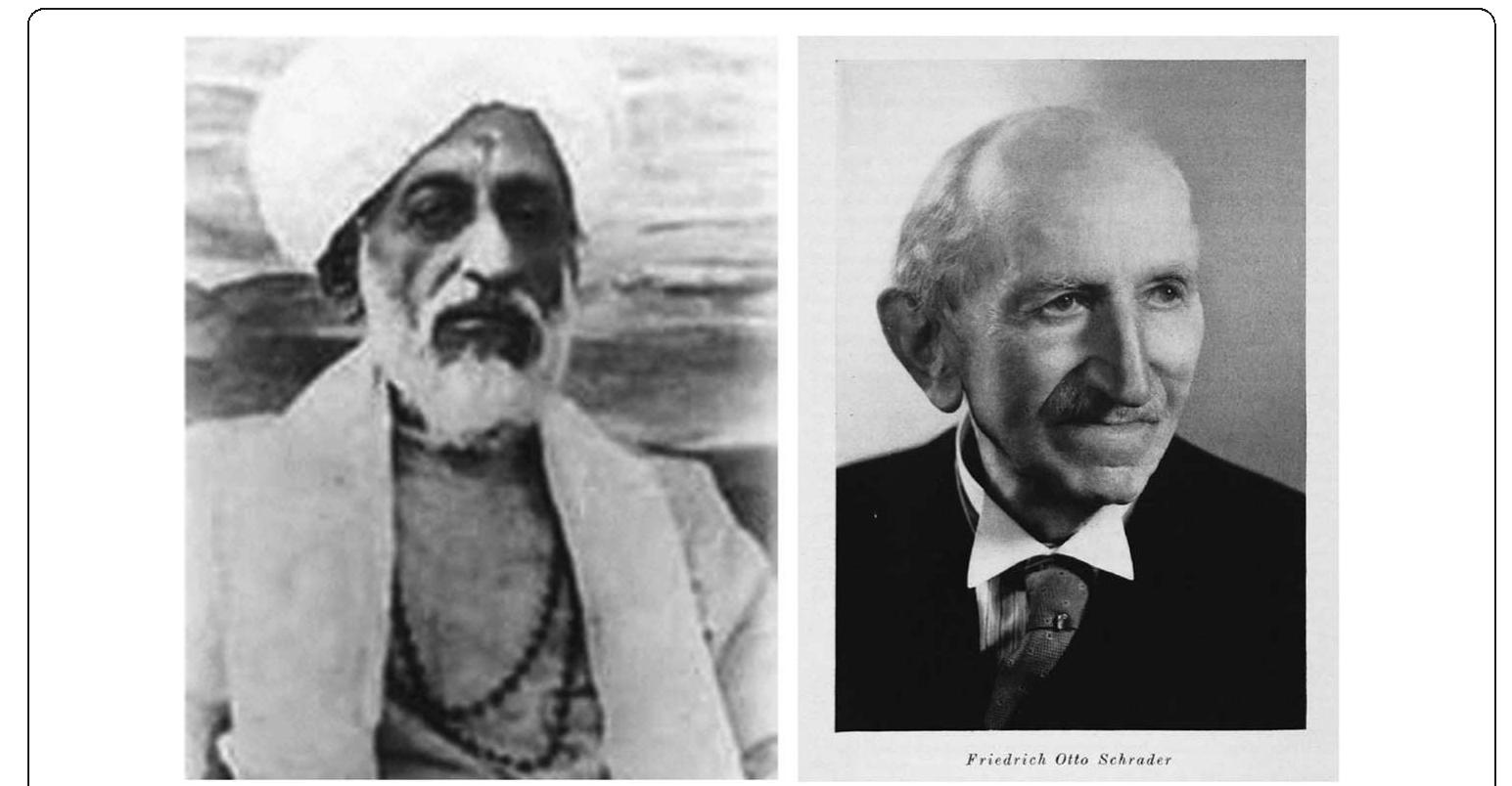 Even before he had seen the London manuscripts (or any manuscripts whatsoever), Schrader had already staked out a position on the original extent of the Gita, in con- formity with German scholars’ views of the poem. Thus, in a 1910 article (Schrader 1910, 336-40), his earliest article on the Bhagavadgita, he opined: “I am, completely in agreement with Garbe, of the view that the Bhagavadgita has not always been the uni- form and contradiction-free whole, as which it has since an indeterminate (and prob- ably indeterminable) era been regarded universally in India; rather, [I am of the view] that it emerged through the expansion and possibly revision of an originally smaller work” (340). Even though he did not have any evidence on which to base these asser- tions, Schrader claimed: “here [in the Gita] the later, visnuistic version had been pre- ceded by an earlier, unsectarian (“puranic”) version” (340). He also claimed that “the oldest Gita as part of the pre-visnuite Mahabharata was already at an end with [verse] IL, 38 (naivam papam avapsyasi)” (340). He followed this claim up in his 1927 essay with the assertion that “[the Harhsayogin’s] fantastic statements at any rate show— something that was until now unknown and contested among us—that the idea of earl- ier and shorter versions of the Bhagavadgita is present even in India” (Schrader 1927, 178; Schrader’s emphasis). In his 1930 publication, Schrader wrote, “the conclusion to be drawn from all this [namely, that his two commentaries did not refer to the vulgate  Fig. 3 The Hamsayogin and the Hamburg yogin: Sir Subramania lyer and Friedrich Otto Schrader 