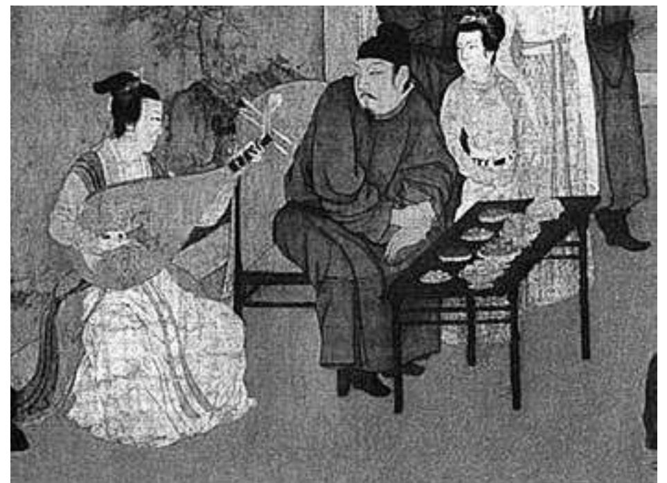 to Tang Dynasty which shows a musician playing Pipa).  Figure 4: Detail of “Night Banquets of Han Xizai” (by Gu Hongzhong).  thousand years (Figure 4 is from a famous painting called “Night Banquets of Han Xizai” dating back 