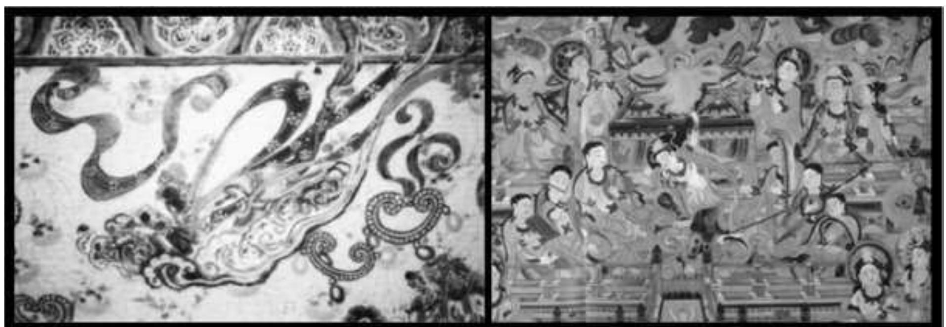 playing heavenly music using Pipa (Figure 7).  Figure 7: Photos of the Dunhuang frescoe.  heaven. There are large numbers of frescoes in the Dunhuang Caves depicting the goddesses  also one of the special musical instruments that considered to be used by Chinese goddesses in the 