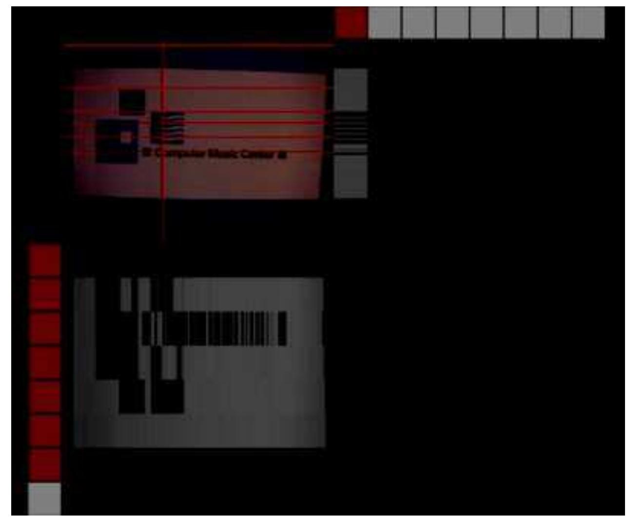 richness, which is projected through a multispeaker setup.  Figure 4: Kobayashi, Ryoho: Scanline Computer Music, here multiple scanlines are used on a static digital image. The values that are extracted are displayed on the right side for the vertical lines and underneath the image for the horizontal lines. Each line generates a separate wavetable. 