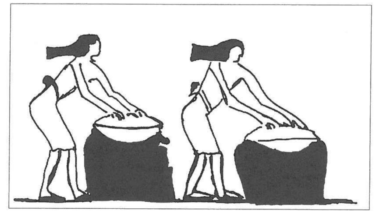 Fig. 2 [a similar egg-shaped pot is mentioned in one of Apollonia’s accounts™]  Apollonia could afford to be a businesswoman, because the family disposed of four female slaves to keep house. Only the Greek bour- geoisie could afford such a high number of slaves. Apollonia may have confined herself to arranging the housekeeping. A demotic account” shows, for instance, how Apollonia buys from her sisters a bronze fur- nace (a kind of stove) and a bronze ‘egg’ (swh(.t)). Such bronze ‘eggs’ also appear in some Egyptian marriage contracts. It was never made clear what was meant by this bronze ‘egg”°. Since, however, Apollonia’s account directly combines the bronze furnace and the bronze ‘egg’, in my view, the ‘egg’ is an egg-shaped pot for cooking. Egg-shaped pots are found in kitchen scenes from Deir-el-Bahri, where they are represented perched on a furnace (see figure 2). 