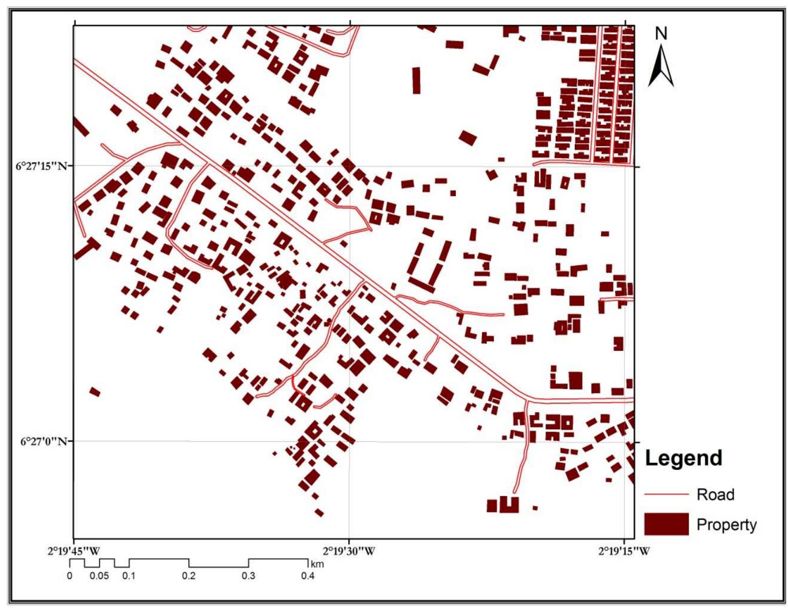 Map showing digitized roads and properties o enable the