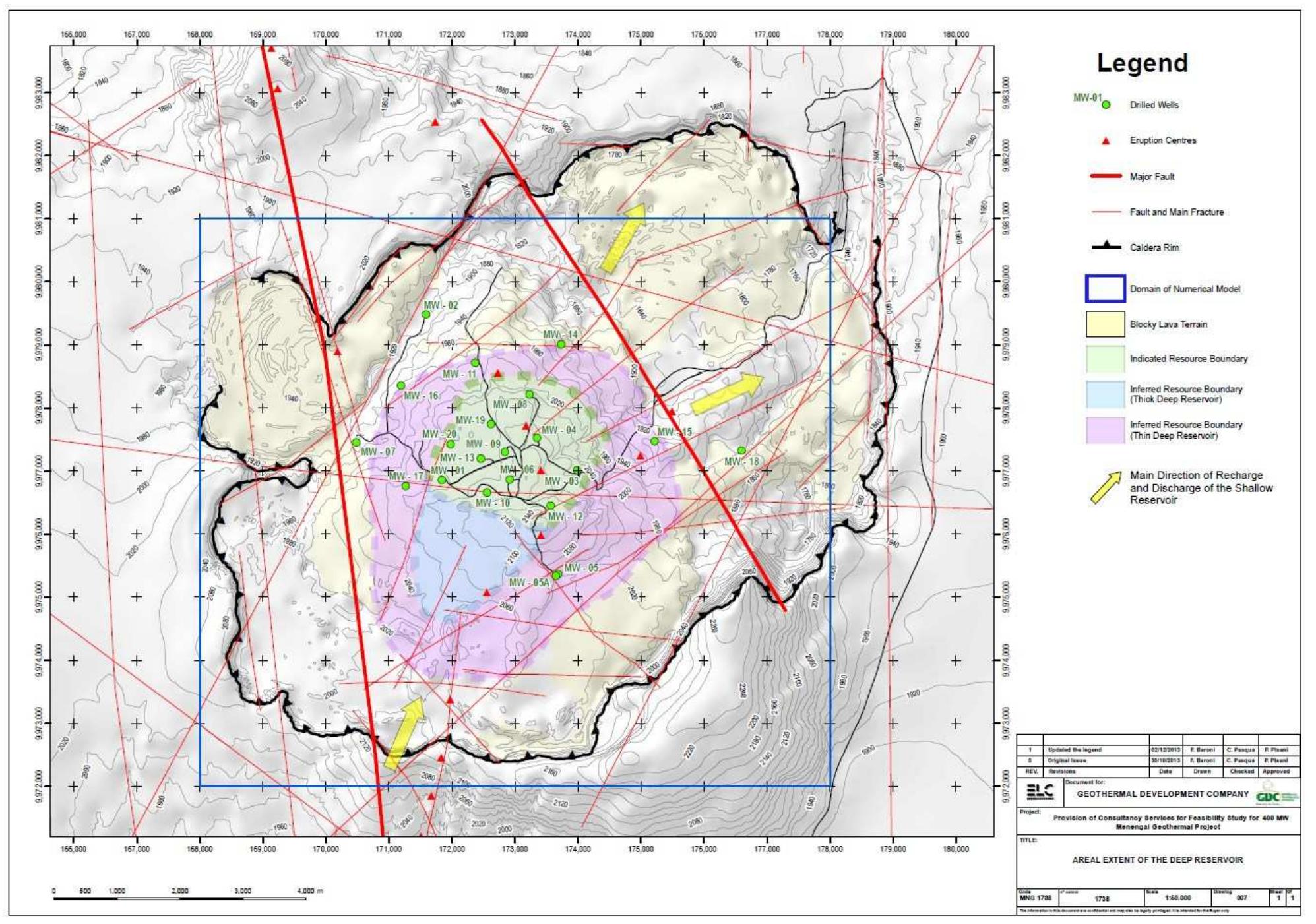 The total surface of the geothermal resources, combining these three categories, can be accordingly estimated in about 20km?  Figure 10: The figure 1 shows the main structural features of the Menengai caldera with the presumed deep reservoir extension (colored area), the presumed shallow reservoir recharge direction and the numerical model extension 