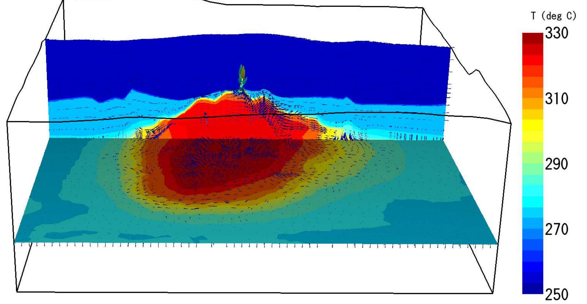 Figure 13: Reservoir temperature distribution with total fluid flow vectors along a E-W section at 9977400 m and a N horizontal section at -300 m.a.s.1. 