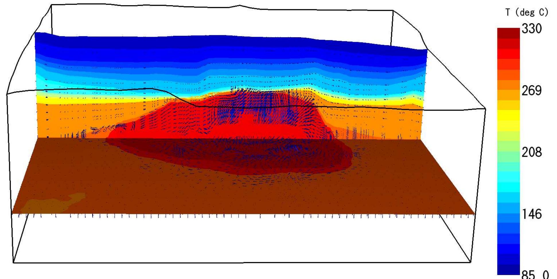 against data obtained from geochemical investigations, well pressure and temperature profiles recorded under warm-up and flowing conditions, as well as available production test results. The 3D natural state reasonably reproduces the liquid dominated shallow reservoir just on top of the deeper, two-phase vapor dominated high temperature reservoir which feeds the dry steam wells drilled in the central area of the prospect. The deep reservoir is recharged by the up-flow of a high temperature mixture of steam and CO . The latter accumulates at the culminations of the deep reservoir due to the boiling and condensation processes associated to the heat pipe mechanism supported by the strong heat flow. The gas phase saturation declines, moving from the central vapor-dominated area towards the periphery of the deep reservoir, where the aqueous phase becomes strongly mobile. The thermodynamic conditions and rock properties of the lateral extension of the deep reservoir are poorly constrained by present drilled wells and need to be better characterized in the future, as they are fundamental for a reliable assessment of overall prospect potential.  Figure 14: Reservoir temperature distribution with total fluid flow vectors along a N-S section at 172600 mE and horizontal section at -300 m asl 