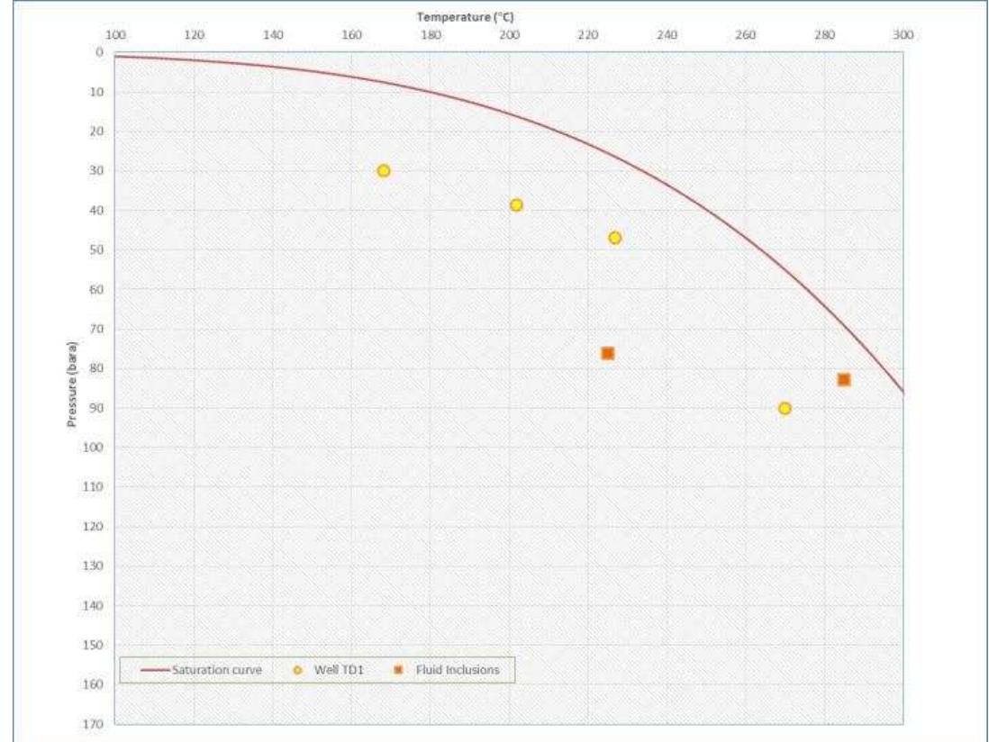 In figure 2 the comparison between Tpast and formation temperature of well TD1 (Amdeberhan, 1998; Seifu 2004) is reported. We could observe that fluid inclusion data are closer to the water boiling curve, while the formation temperatures are lower showing a slight cooling of the well; in particular, the sample showing Tpast = 285°C is more reliable.  Previous study on fluid inclusion for the Tendaho geothermal system could be found in Gianelli et al. (1998), and Ruggieri et al (1999); after a review and reinterpretation of the available fluid inclusion dataset, we present here an discussion of the data under the light of the recent investigations carried out in the Tendaho area. We assume that the mean or average homogenizatior temperature of fluid inclusions reported by previous fluid inclusion studies are representative of the temperature of the paleo-fluic (T past). The Tpast was related to the pressure of the paleo-fluid computed from the depth of the samples by using a ‘hot’ hydrostatic pressure-depth curve computed for the system under investigation on the basis of present-day pressure gradient. 