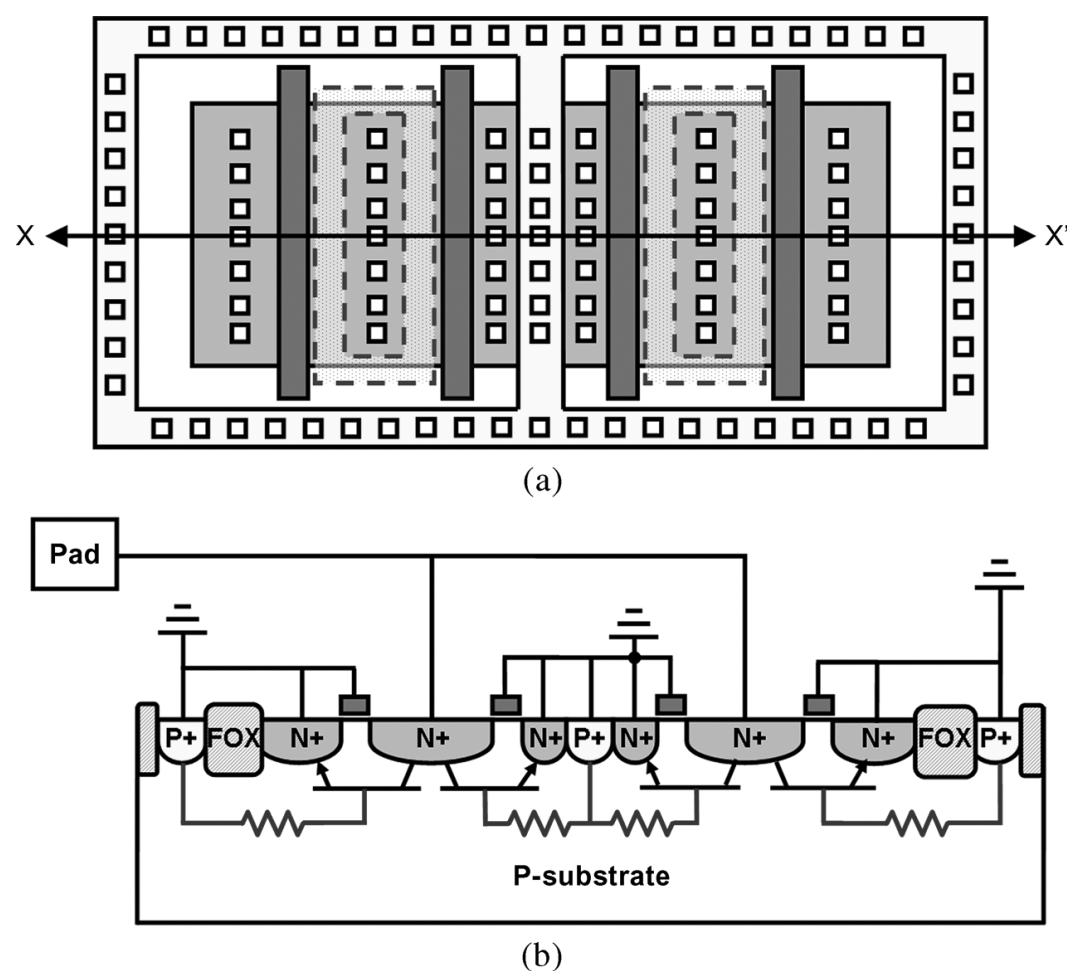 (a) the layout top-view and (b) the x-x’ cross-sectional