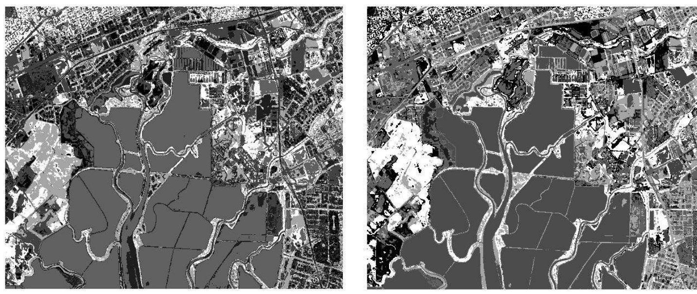 Fig. 4. Clustered image: pure fixed point (left) and hybrid (right)  The hybrid design of the K-means clustering algorithm resulted in a successful implementation using our library of parameterized modules. The design occupied 10,883 slices, or 88% of one of the three processing elements on the Wildstar board. This hybrid fixed and floating-point implementation was tested against an existing, purely fixed-point implementation and yielded satisfactory results, shown in Figure 4. 