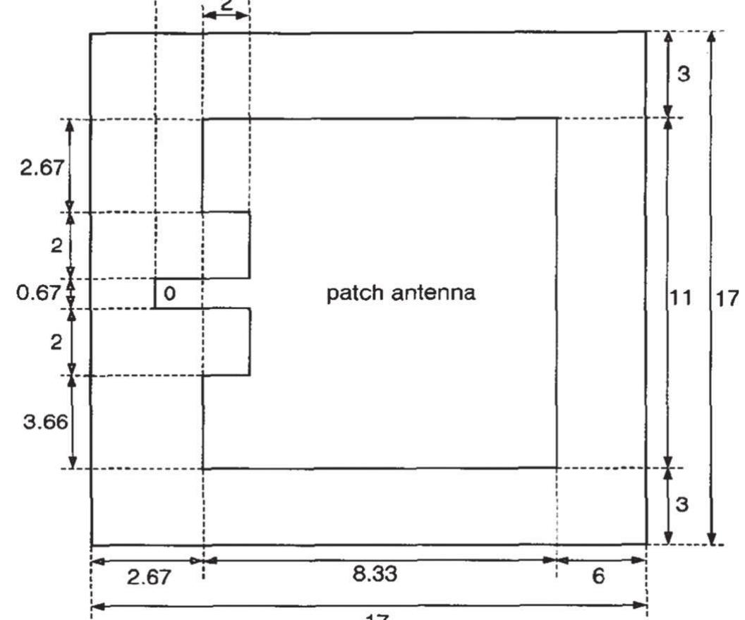Geometry of the first microstrip patch antenna integrated on