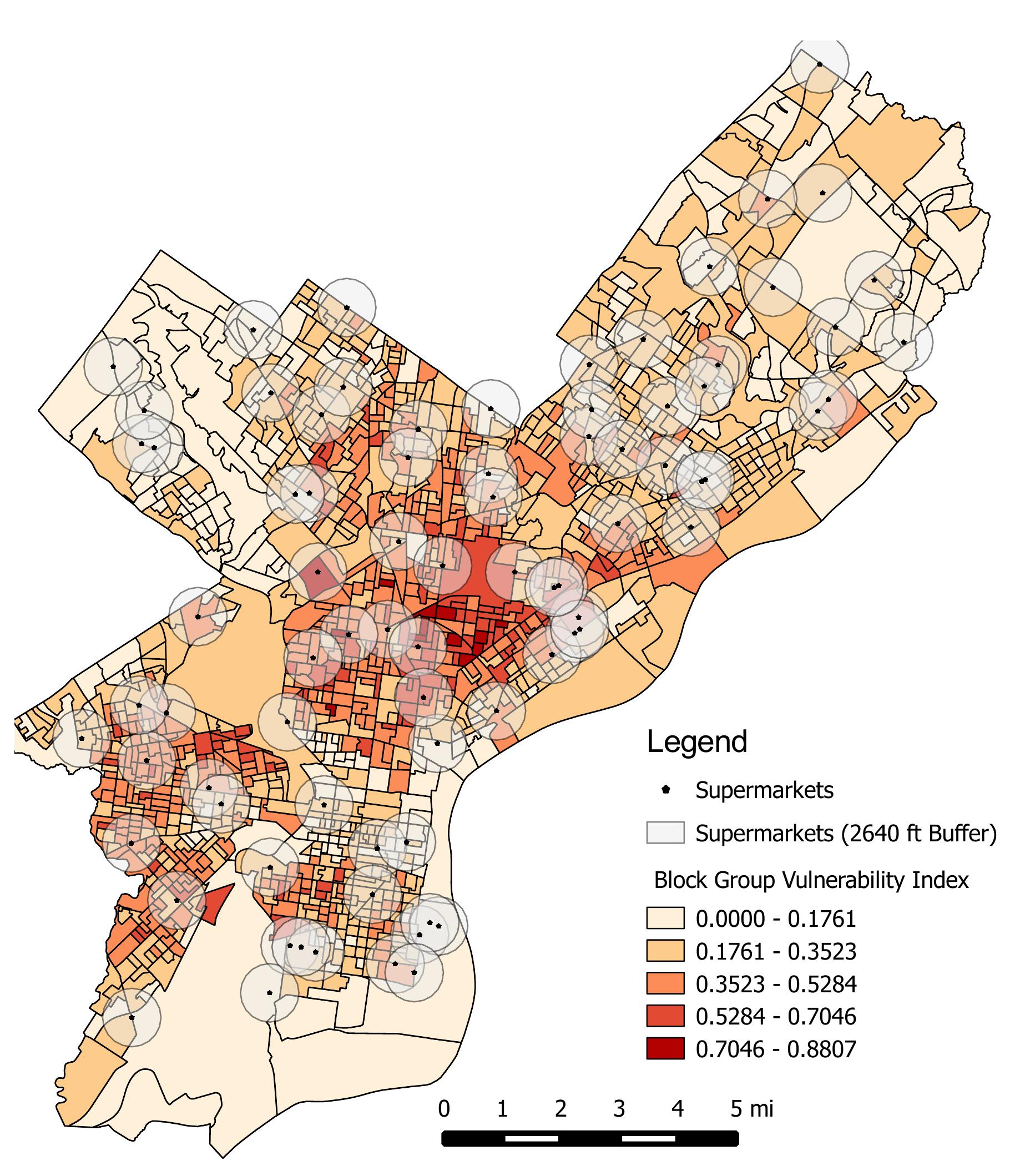 Figure 4.3.: Map of Block Group level Vulnerability and supermarket coverage areas 