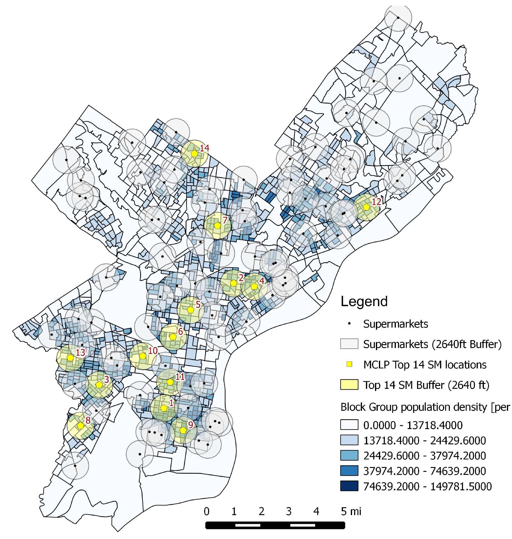 Figure 4.6.: Map of optimal 14 MCLP locations (placement: Supermarkets, p=40, initial coverage: supermarkets (S=4 mile) 