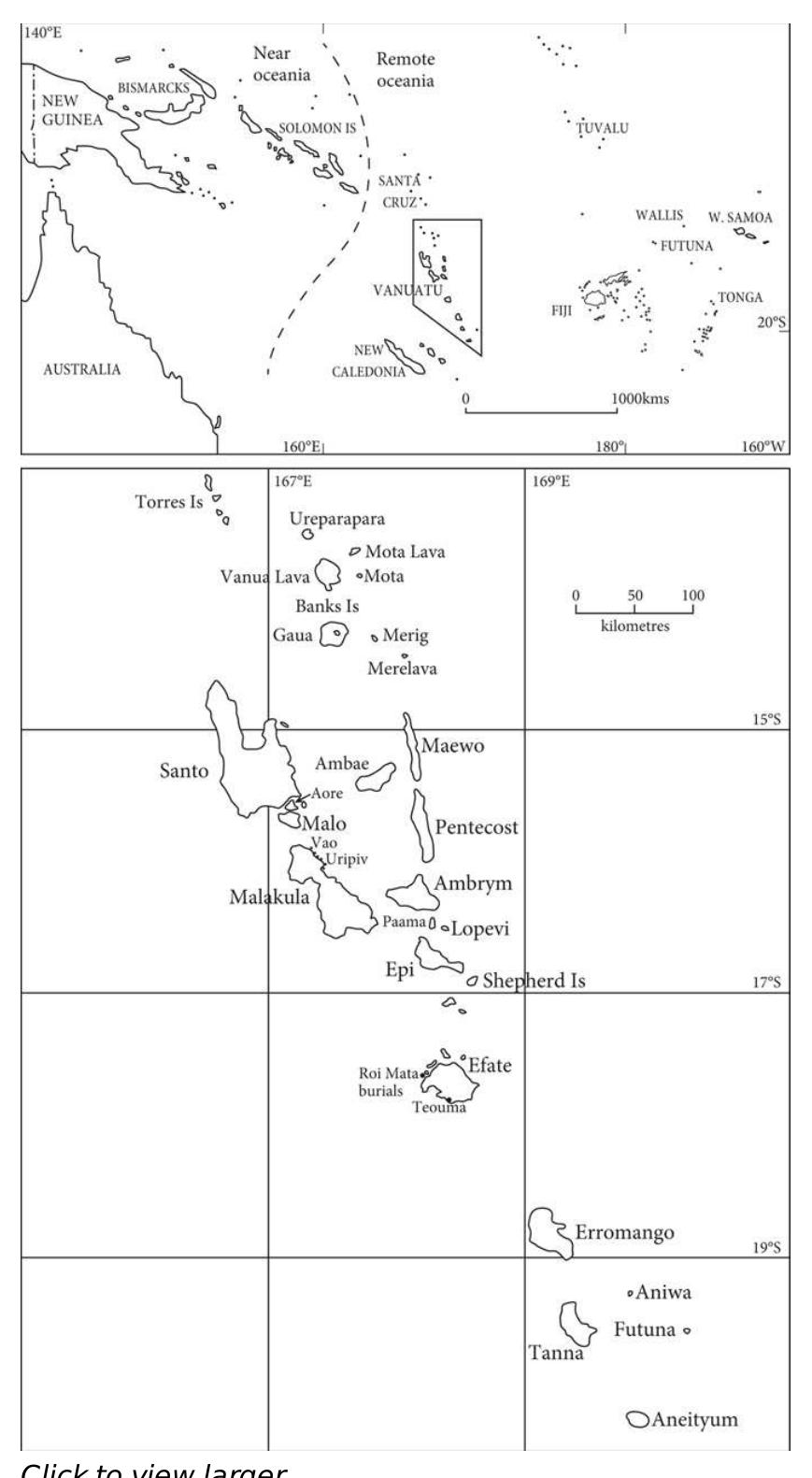 a handful of influential projects that had been carried out through the 1960s and 1970s (Garanger 1972; Shutler, Shutler, and Bedford 2002; Spriggs 1981, 1986; Ward 1979). While significant research projects leading to major reinterpretations were being undertaken in other areas of the Pacific, in Vanuatu, right up to the mid-1990s, fundamental questions relating to initial colonization and settlement of the archipelago and succeeding cultural transformations were still largely unanswered. Much of the country in fact remained an archaeological terra incognita (Bedford 2006), despite the establishment in 1990 of the EU-funded Vanuatu Cultural and Historic Sites Survey (VCHSS), which carried out useful survey work ahead of development projects. The second period of research dates from the lifting of the moratorium in 1994, following the drafting of the Vanuatu Cultural Centre research policy, and has continued to the present. It must be emphasized that while the many projects postdating 1994 have transformed the understanding of the human history of the archipelago, and in a number of aspects th wider region, there still remain many islands where minimal or no archaeology has been undertaken. Certain phases or aspects of the archipelago’s archaeology have been studied in detail, but for many others there is at best only a vague comprehension. Research is, however, starting to move beyond necessary cultural sequence construction to consider wider questions. Figure 1 Vanuatu and sites mentioned in text. 