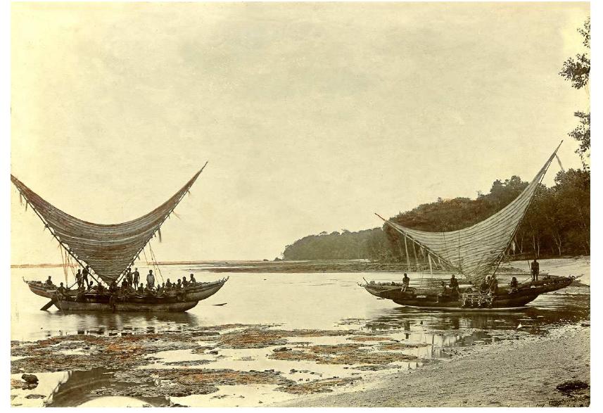 The most constant threat in Vanuatu is that of volcanic activity and over generations a range of coping mechanisms has been developed to deal with ever-present threats (e.g., Cronin, Nemeth, and Neall 2008). Currently active volcanoes are present in the north, center, and south of the archipelago (Siméoni 2009), but archaeological research carried out across Vanuatu indicates that ash-fall, both catastrophic and more benign, features regularly in the stratigraphy of sites on most islands (Bedford 2006, 2007; Bedford and Spriggs 2008). This has important implications for the interpretation of contemporary topography and social relationships across space, often falsely assumed to be long-established but in fact may in many cases have only been relatively recently generated and heavily influenced by volcanic activity. Figure 3 “From a sea voyage, Malekula canoes on their way to Ambrym to trade in pigs, c. 1900”. 