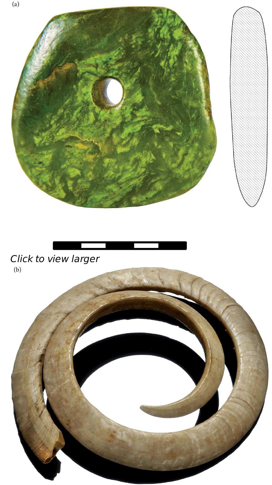 There is empirical archaeological and linguistic evidence and a range of specialized cultural practices that indicate Vanuatu’s connections with both adjacent archipelagos and those further afield over the last millennium. Clear connections with islands to the northwest include Banks Islands’ obsidian in the late archaeological record of Tikopia (Kirch and Yen 1982; Spriggs, Bird, and Ambrose 2010). The late prehistoric and historic coil-made bullet- shaped pottery vessels of northern Vanuatu find parallels in manufacturing technique, form, and motif design with the modern forms recorded by Specht (2007: 130) from Buka, in the northern Solomons. The rare cultural practices of head binding and the production of full-circle pig tusks found in northern Vanuatu are also found further west in southern New Britain in the Bismarck Archipelago (Figure 4). Figure 4 Evidence of late interaction includes items such as full circle pig’s tusk collected from Malakula, Vanuatu, in the nineteenth century and a jade pendant, Tanna, Vanuatu. 