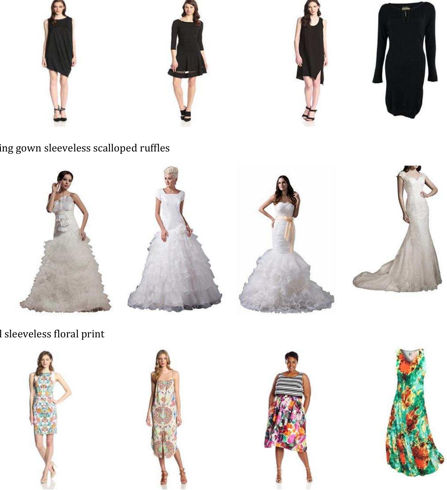 Fig. 6. Txt2Img: Example results. Given a textual query, we show the top retrieved images.  7. Conclusions  We investigated cross-modal search of fashion items. Given a textual query composed of visual attribute of dresses, our system retrieves relevant images of dresses, and given a picture of a dress as query, thé system describes the attributes of the dress in natural language terms. We implemented and compare¢ several algebraic and probabilistic graphical models to learn latent components that bridge the visual anc textual features. We have experimented with different types of visual and textual features. Our system wa. trained on real Web data found at Amazon.com composed of fashion products and their textual description. and was evaluated on an additional set of Amazon data. Our best approach uses CNN-based visual feature: and a controlled, commonly used fashion vocabulary. It obtained a remarkable performance whel compared to the state-of-the-art setting of [16], which uses SIFT-based features and a vocabulary based o1 part-of-speech. For example, at K=5, the previous setting obtains 24.04% precision and 11.97% recall. Ii contrast our best system obtains 48.75% precision (102% increase) and 43.66% recall (364% increase).W find a similar behaviour for other values of K. Additionally, by visually inspecting the annotations ou system generates, we find reasonable descriptions that capture different garment lengths, colors an¢ textures. 