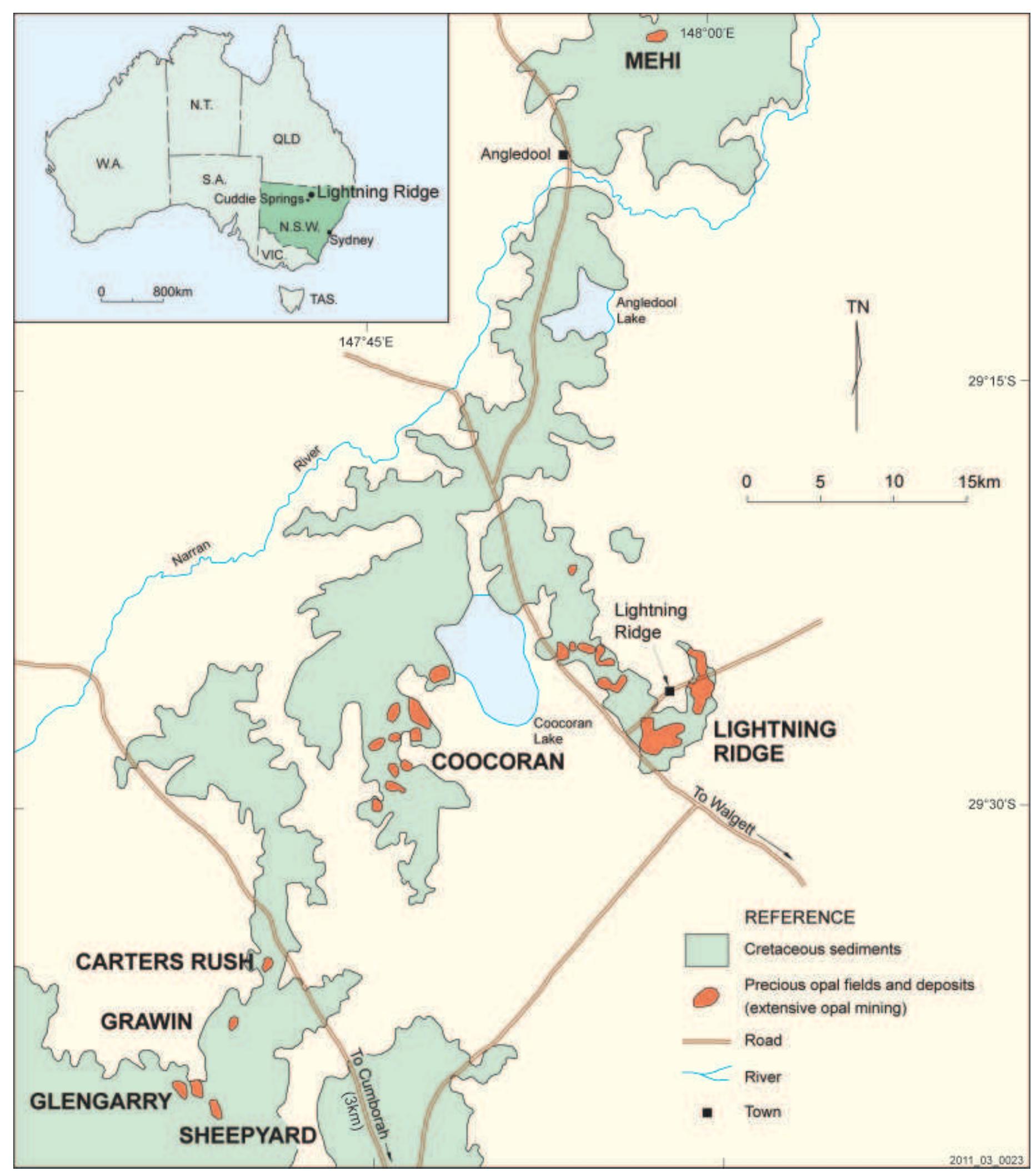 Locality map showing major opal fields in the lightning