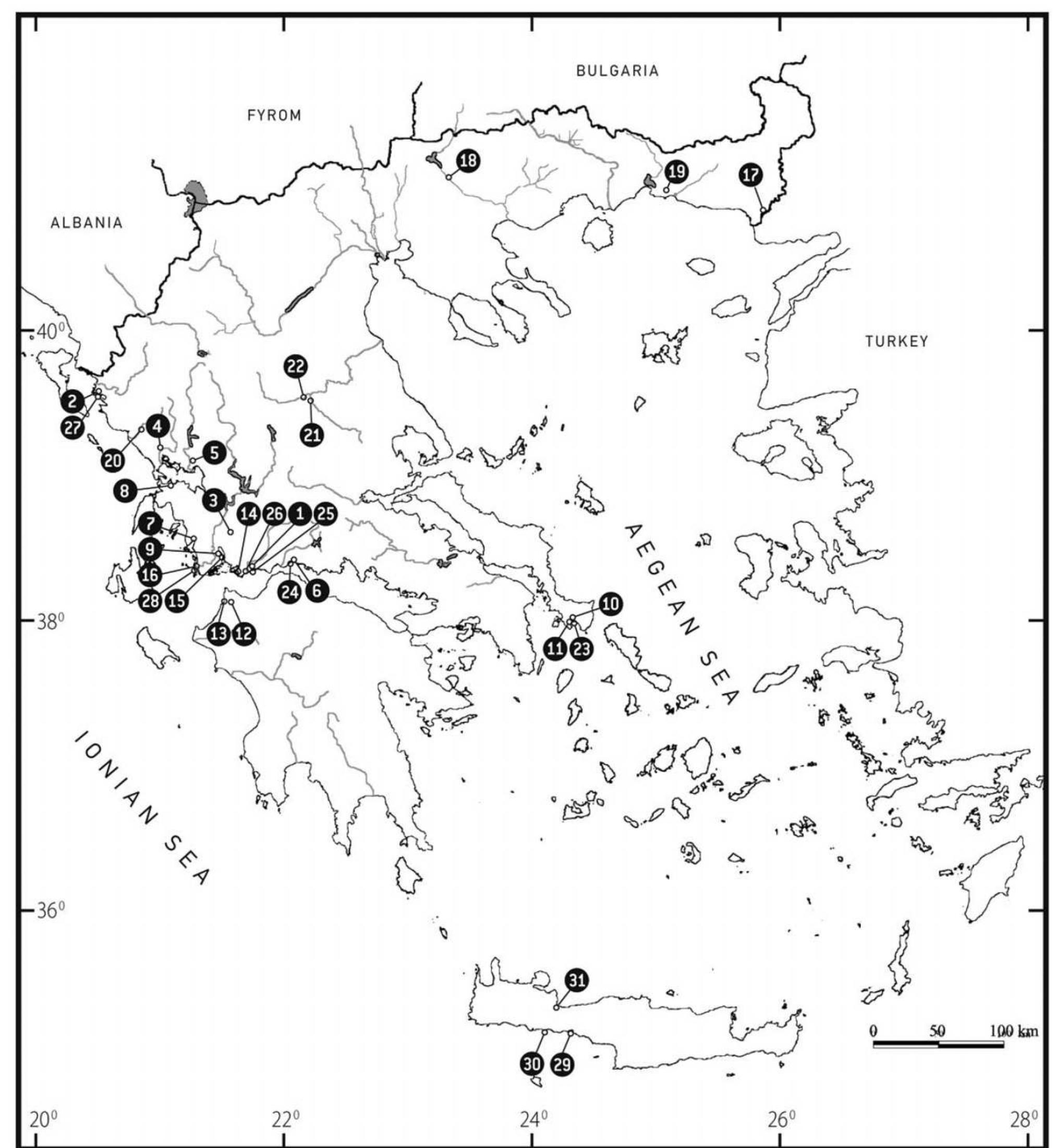 Figure 1. Map showing sand goby sampling localities, except for the location on the River Moraéa. More details on sampling sites and species are provided in Table 1. 