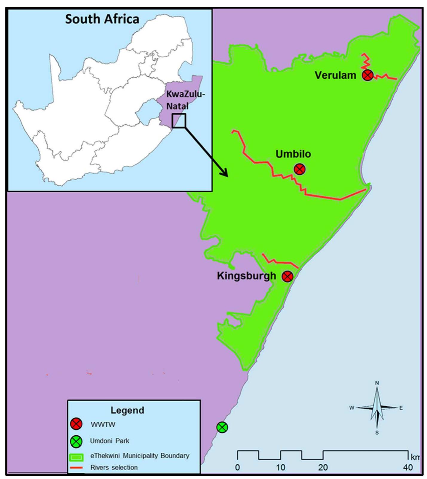 Map of the study area in durban, south africa, showing the