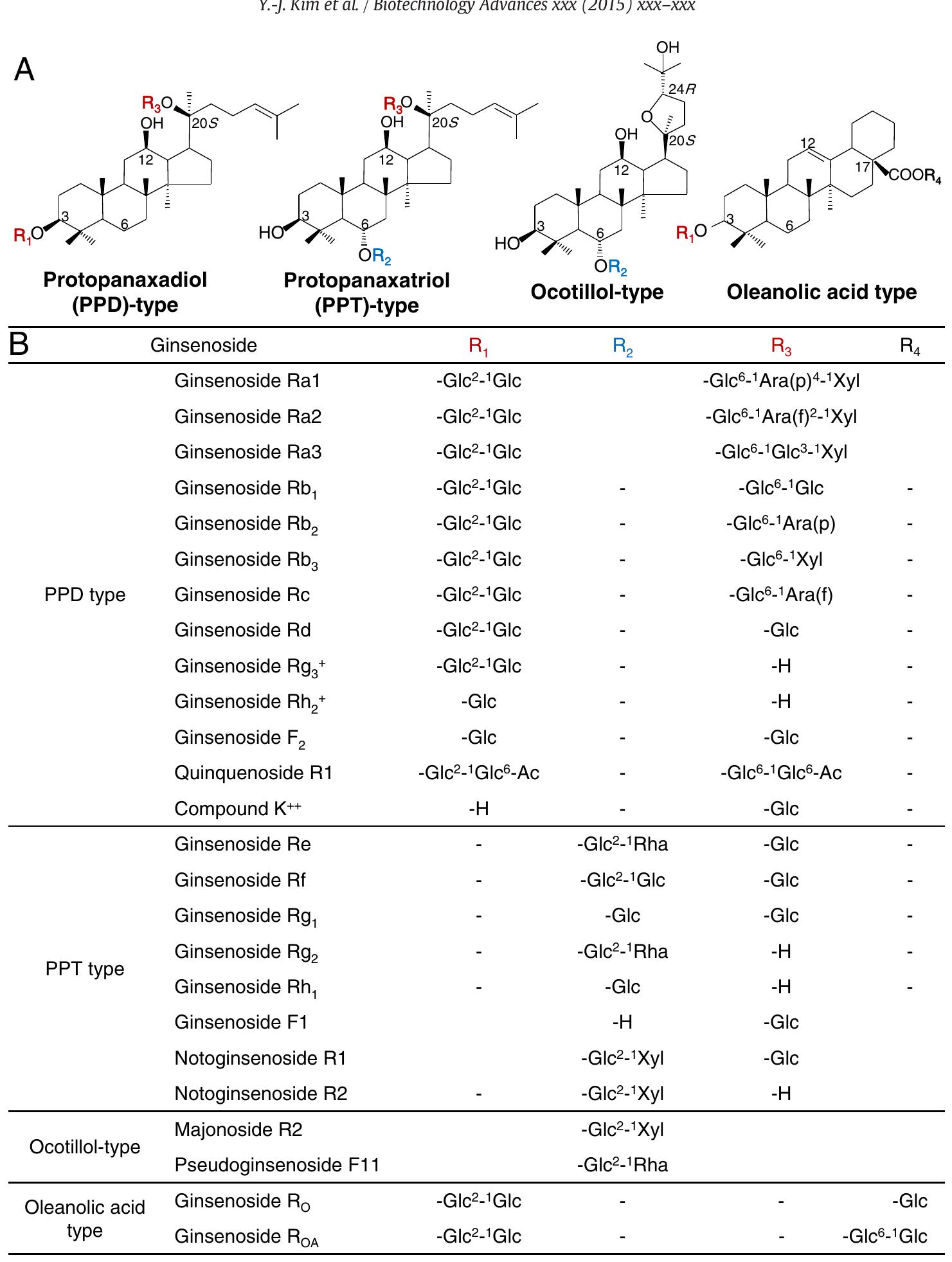 Structures of different types of ginsenosides (a), and their