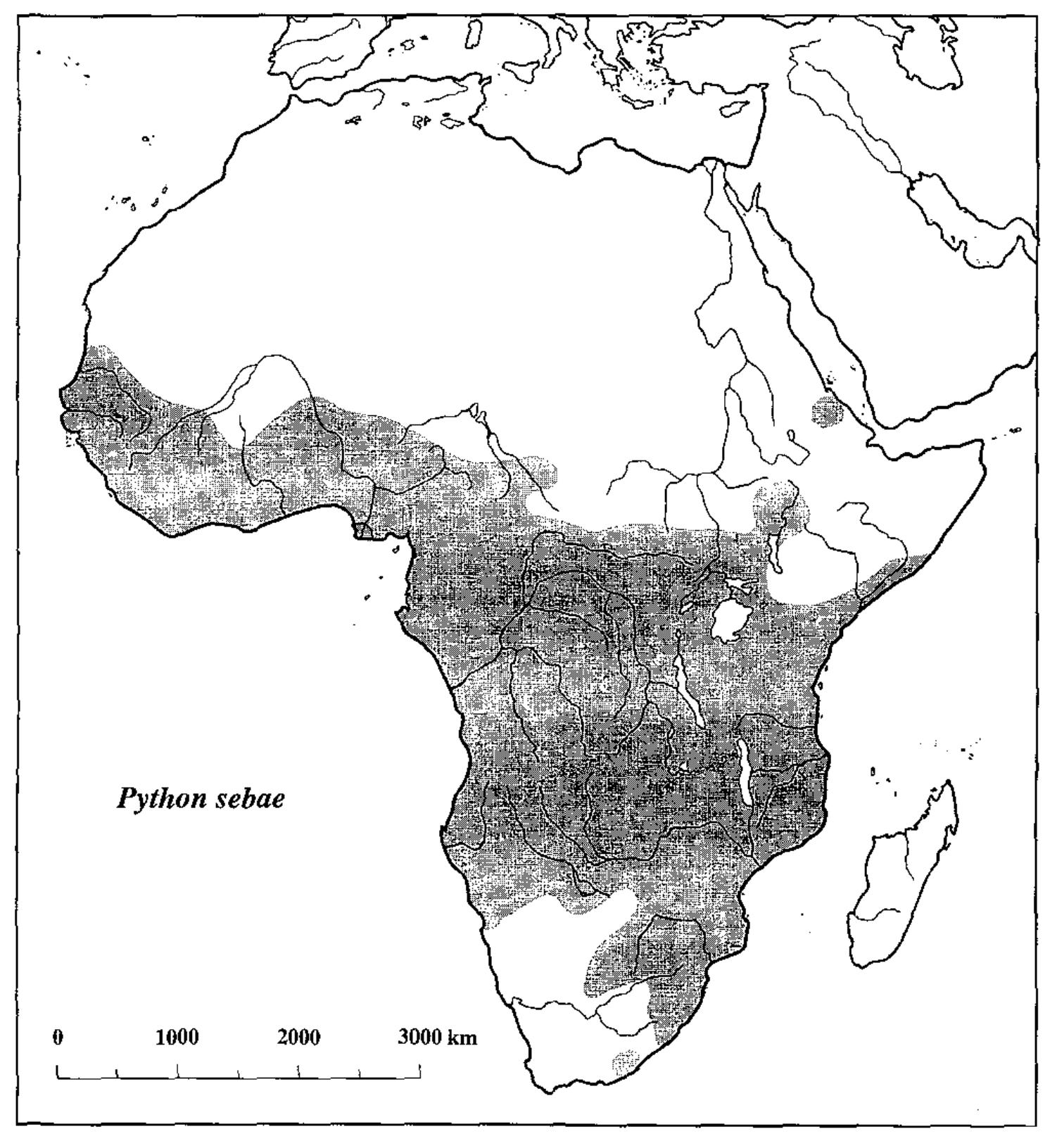 Map 5. the distribution of the african python, python sebae.