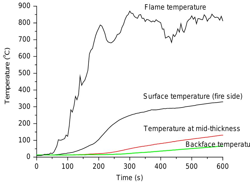 Temperature measurements for flame and composite panel. the