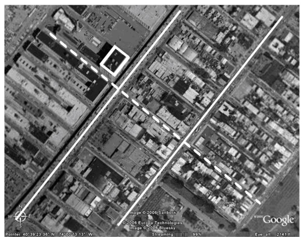 Fig. 1 Aerial photograph of the neighborhood in Brooklyn, NY, studied in the B-TRAPPED field study.
The 12-story tower is indicated with a white rectangle. Solid white lines mark two major avenues,
corresponding to Avenue 2 (left) and Avenue 3 (right) in the wind tunnel and CFD models. The dashed
white line highlights one of the streets parallel to the wind direction.
 -ig. 1 Aerial photograph of the neighborhood in Brooklyn, NY, studied in the B-TRAPPED field study.
 to that of the “courtyard” (1.33A).
