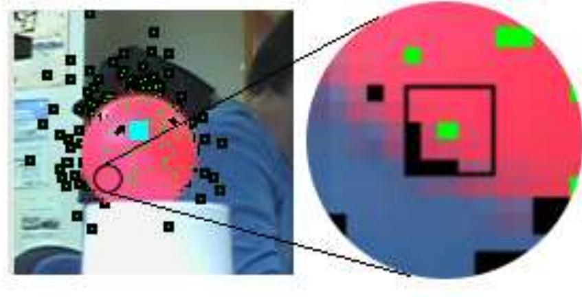 The color is described in HSI space which is more robust to changes in illumination than RGB. A target color is defined with two pairs Hmin, Hmaz and Smin, Smar- Pixels with very low or very high intensity are silenty discarded and do not match any color description. 
