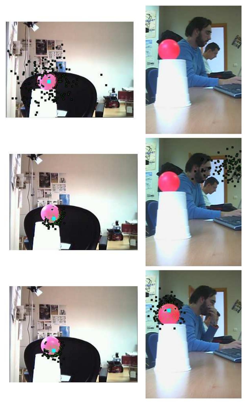 Fig. 3. Particle projections in left (camera 1) and right cameras (camera 2) at iterations 2, 50 and 60 