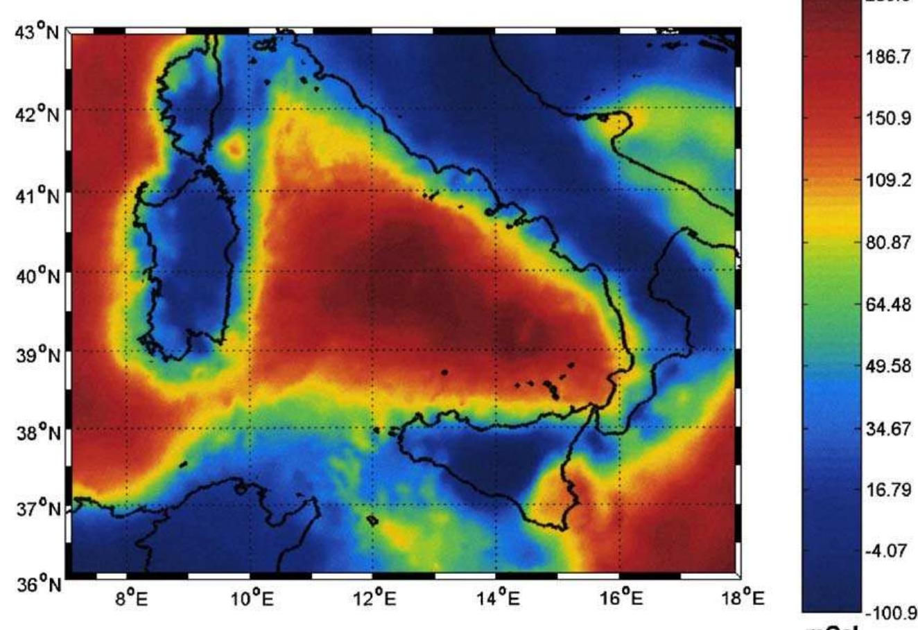Bouguer gravity anomaly map of the central mediterranean.