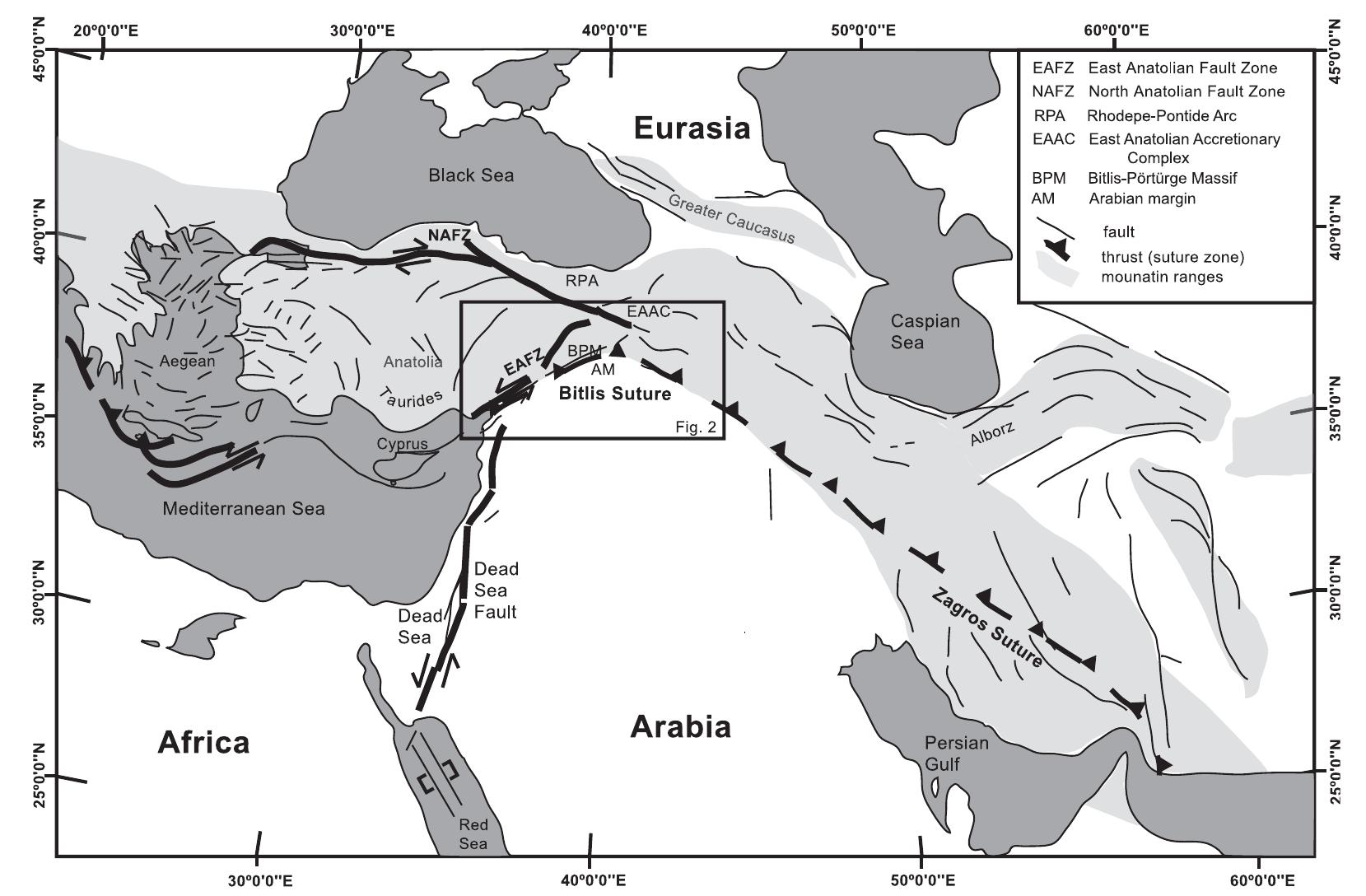 Outline of tectonic map of the middle east region, showing