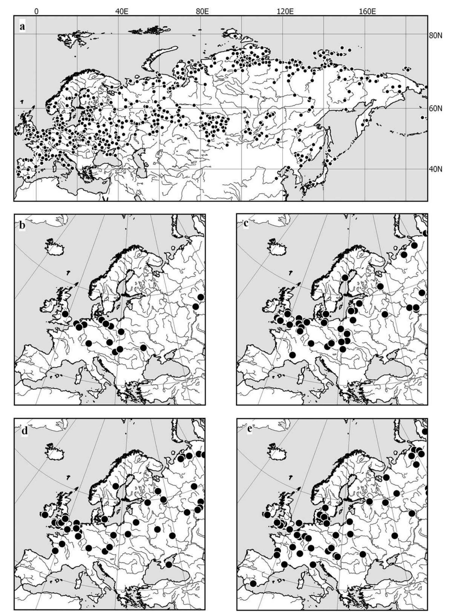 Fig. 2. Mammoth (Mammuthus primigenius) localities dated to: a — the Late Pleistocene localities in Northern Eurasia (PALEOFAUNA (Markova et al., 1995)); b — Moershoo interstadial (MO), c — Hasselo stadial (HAS), d — Hengelo interstadial (HEN), e — Huneborg stadial (HUN).  episodes, namely Bolling and Allergd, separated by a brief stadial (Older Dryas) and followed by the longer Younger Dryas Stadial. The increase in temperature at the end of the Younger Dryas Stadial marks the Pleistocene/Holocene transition.  Discussion in this contribution is restricted to the second half of the Late Pleistocene and the beginning of the Holocene, a period that falls within the limits of 4c dating. The following climate-stratigraphic units are covered (Fig. 1): the Moershoofd 