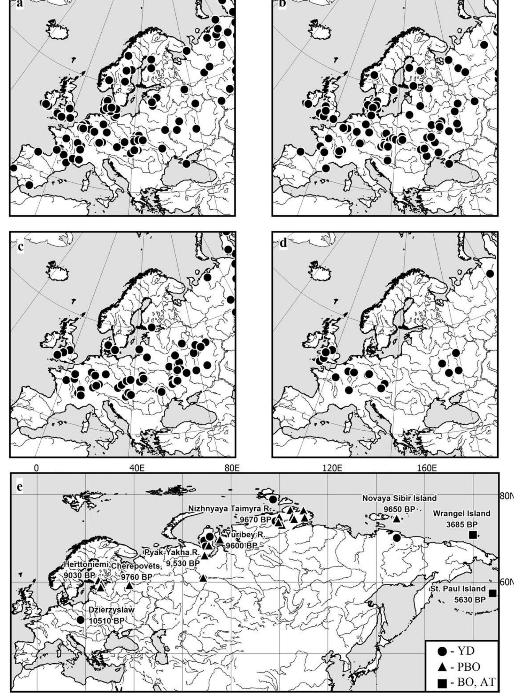 Fig. 3. Mammoth (Mammuthus primigenius) localities dated to: a — Denekamp (= Bryansk) interstadial (DEN); b — the maximum LGM cooling; c — Late Glacial time (LGT d — interstadial warmings of Bollng-Allergd (BAIC); e — Younger Dryas Stadial (YD); Preboreal (PB), Boreal and Atlantic (BO, AT) and Subboreal (SB).  Interstadial ('4C ages ~46 to 44 ka BP, MO), the Hasselo Stadial (44—39 ka BP, HAS); the Hengelo Interstadial (39—36 ka BP, HEN); the Huneborg Stadial (36-33 ka BP, HUN), the Denekamp (=Bryansk) Interstadial (33-24 ka BP, DEN), the Valdai (Weichselian) glacial epoch (24—17 ka BP, LGM), the Late Glacial  (or Deglaciation) (17—12.4 ka BP, LGT), the Belling and Allerod interstadials separated by the Middle Dryas cooling (12.4— 10.9 ka BP, BAIC), the Younger Dryas Stadial (10.9—10.2 ka BP, YD) and the Preboreal warming (10.2—8.0 ka BP, PB) (Velichko et al., 2002; Chabai and Uthmeier, 2006; Gerasimenko, 2006; 