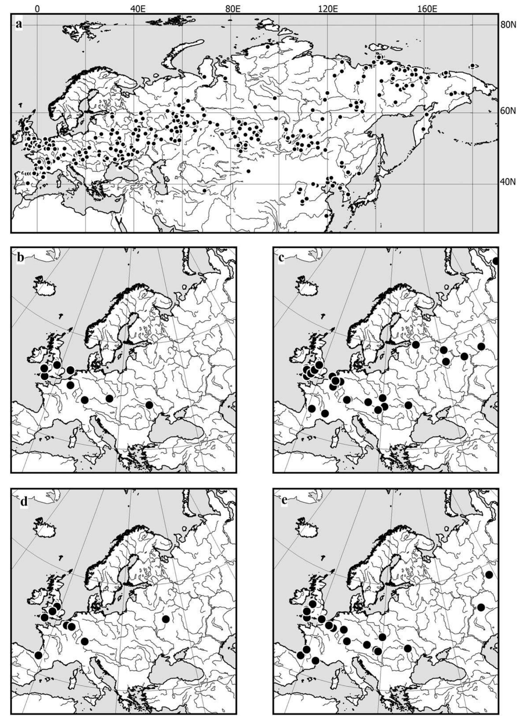 Fig. 5. Woolly rhinoceros (Coelodonta antiquitatis) localities dated to: a — the Late Pleistocene localities in Northern Eurasia (PALEOFAUNA (Markova et al., 1995); Tong and Moigne (2000), Pokee (1991)): b — Moershoofd interstadial (MO), c — Hasselo stadial (HAS), d — Hengelo interstadial (HEN), e — Huneborg stadial (HUN).  occurred widely over Europe, as indicated by radiocarbon dated finds of mammoth bones. Mammoth remains have been found in Scandinavia (Ukkonen et al., 2007), which suggests that during this time, specific regions were free of inland glaciers (Fig. 2d).  During the next cold stage, the Huneborg Stadial (36—33 ka BP, HUN), the northern boundary of the mammoth range in Western Europe shifted southwards. The species disappeared from Fennoscandia except the southernmost part, but persisted in the north of Eastern Europe (Fig. 2e). This may be considered as 