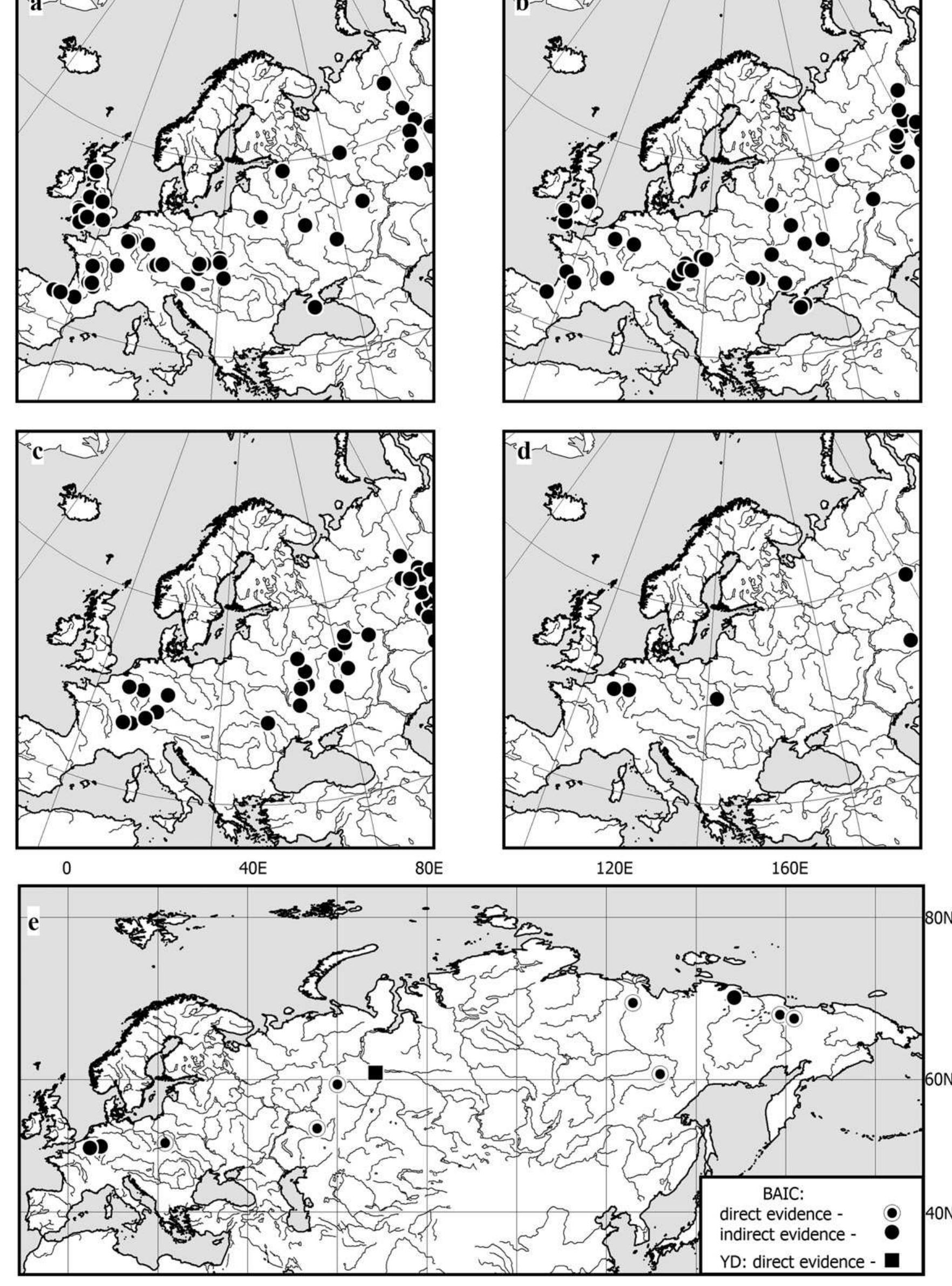 Fig. 6. Woolly rhinoceros (Coelodonta antiquitatis) localities dated to: a — Denekamp (= Bryansk) interstadial (DEN); b — the maximum LGM cooling; c — Late Glacial time (LGT); d — Ballng-Allerad (BAIC); e — the latest records of woolly rhinoceros bones in Northern Eurasia during Bolling-Allerad (BAIC) and Younger Dryas (YD).  distribution of the latter is less extensive and confined mostly to the central part of Northern Eurasia and to the northeastern part of Eurasia, where a specific Beringian population of C. antiquitatis could exist. In addition, the woolly rhinoceros moved further south into the Far East (Tong and Moigne, 2000; Takahashi et al., 2007).  The localities in Eurasia where woolly rhinoceros bones have been found that radiocarbon dated within the interval of ~50 000 to ~ 10 000 BP, are shown in Fig. 5a. There is a remarkable difference between the general outline of the mammoth range and that of the woolly rhinoceros during the Late Pleistocene. The geographical 
