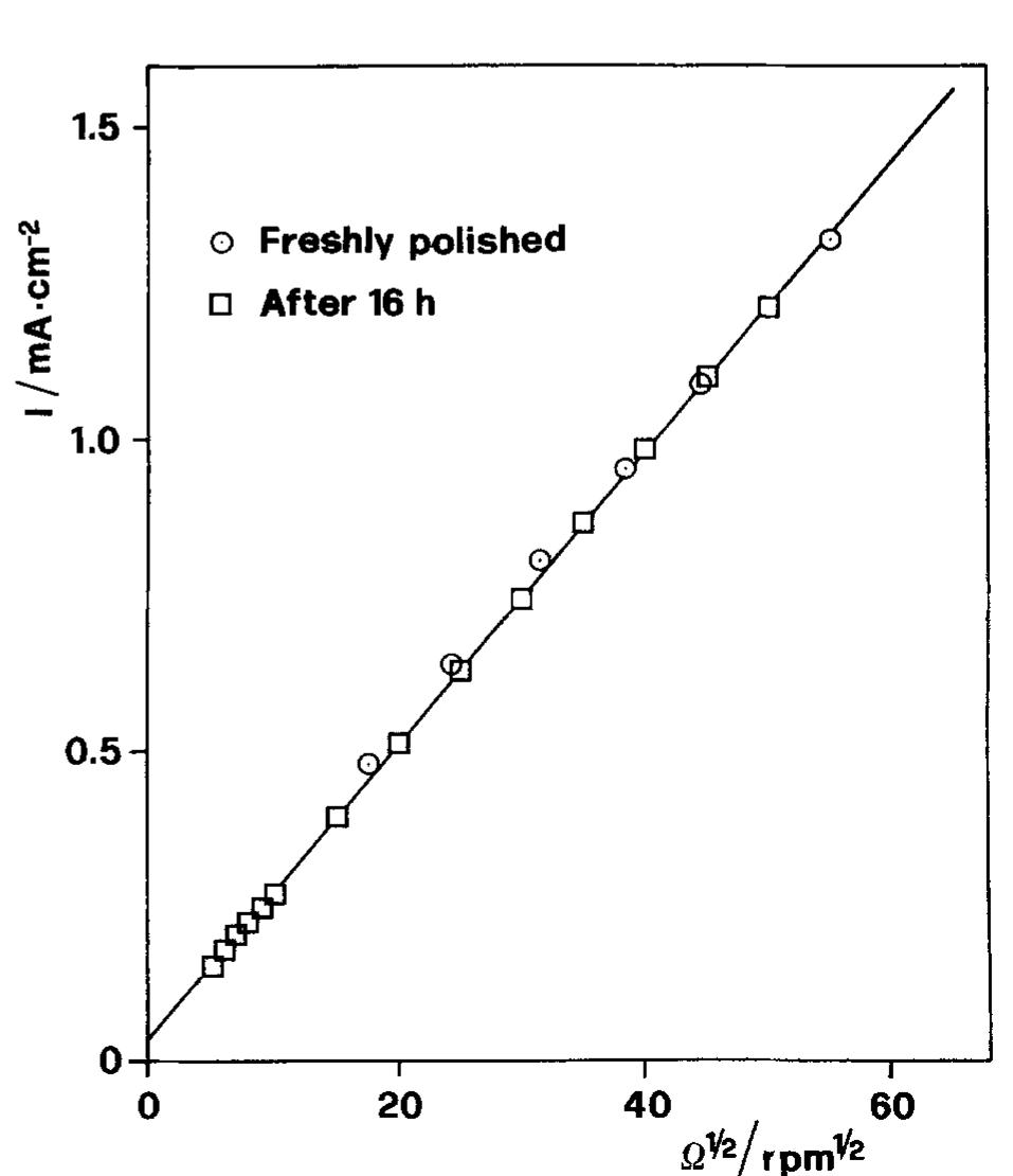 Fig. 3. Cathodic limiting currents recorded at — 806mV (SCE) on a Cu electrode either freshly polished (©) or after 16h immersion in aerated 0.5M NaCl (0). 