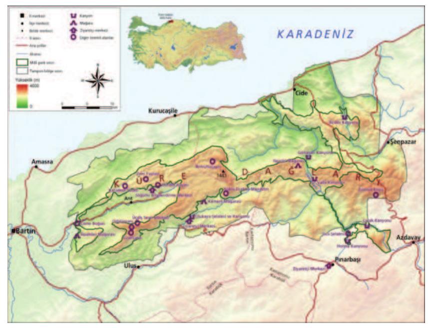 Figure 7. The Kure Mountains National Park  National Park is in the provinces of Kastamonu and Bartin Town centers around national parks are Azdavay, Pinarbas! Ulus, Kurucasile, Amasra and Cide.Kure Mountains have the most extensive and humid forests of the Western Blact Sea. Because of Karstic topography of the region and wate erosion has occurred the huge canyons and caves and by thi: way; special ecosystems were revealed. Particularly, The Catak, Valla and Aydos canyons within the boundaries of the national park create interesting and special ecosystem amon themselves.  National Park is in the provinces of Kastamonu and Bartin. 