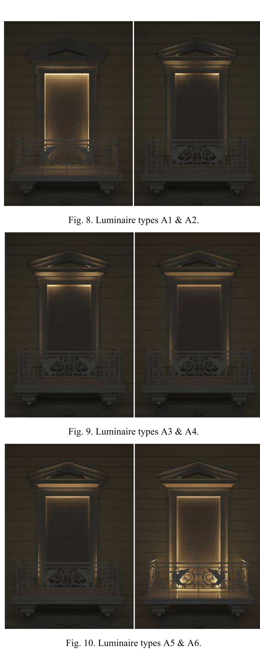 In position 3 (Figs.11-14), the projectors define the width of the opening. The asymmetric beam (A6) and the linear lights with wide beam (B2) seem ideal solutions as they create a general lighting effect to the element. In this case there is a fair amount of light pollution especially from the wide beams, but still glare is kept at a minimum. 