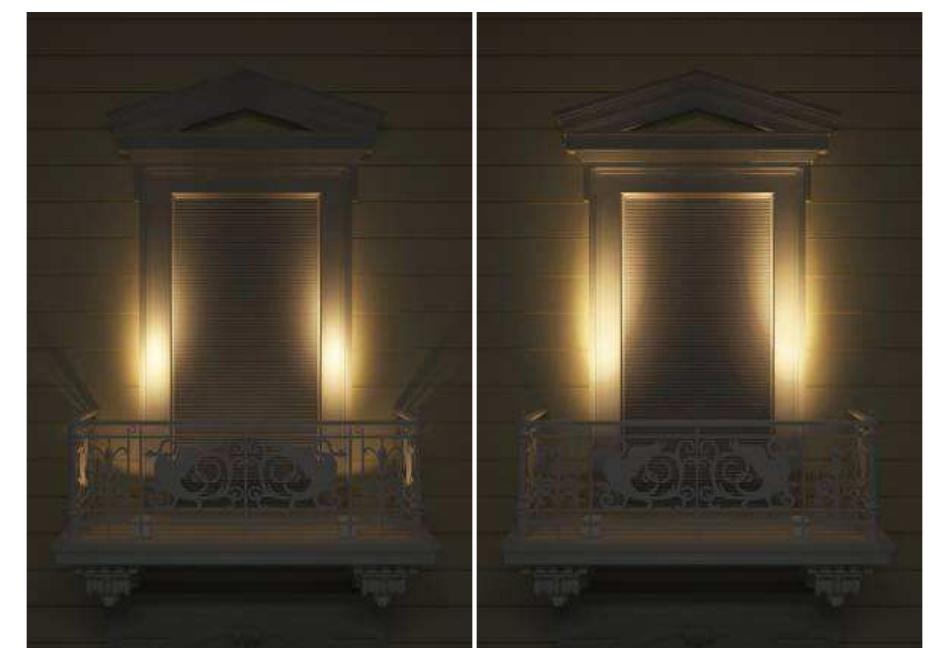 Fig. 15. Luminaire types A2 & A3.  be useful. The results show that the wide beamstryto uni- formly illuminate the entire element, but without success. On the other hand narrow beams produce poor results. Posi- tion 4 seems like the worst case of the four placements. No element is lit uniformly with any luminaire type, there is a fair amount of light pollution and whereas there is no glare, there is absolutely no uniformity in the lighting of the facade elements and consequently it poses a poor option overall. 