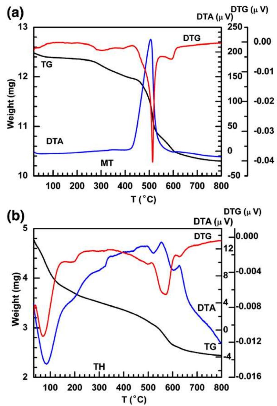Fig. 1. TG, DTG and DTA curves of Fe,O,—SiO, initial gels prepared with: a— MTEOS (sample MT), b—TEOS (sample TH) (heating rate=10 °C/min). 