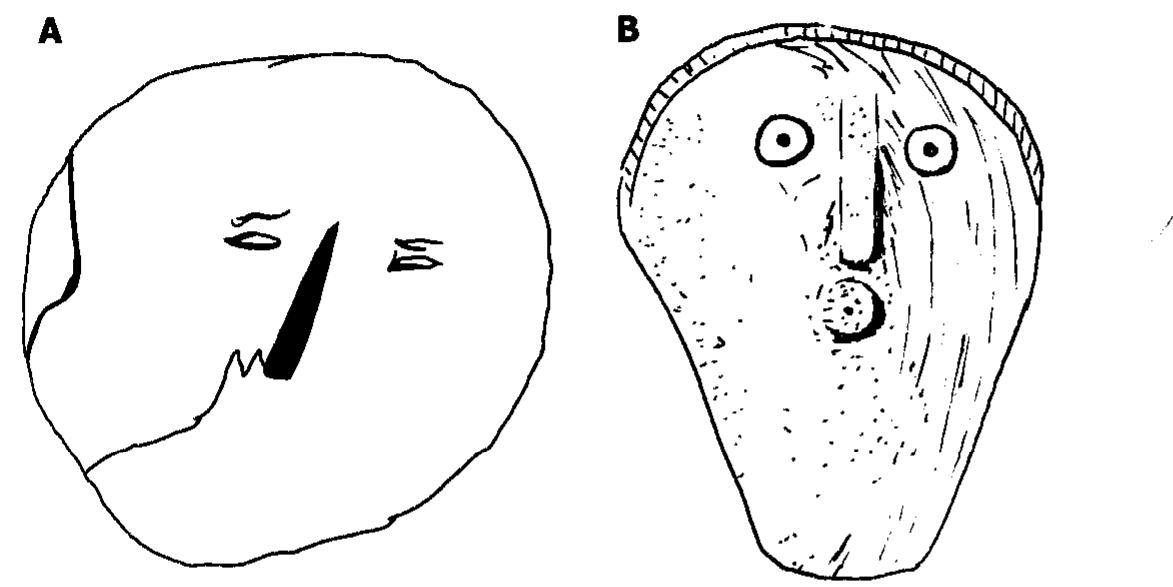 Figure 7.1. Sketch of the “clam shell” from the Kansa war bundle (A, after Dorsey 1885: 673, fig. 3) and a comparative Chickamauga-style Mississippian period shell mask gorget (B, after McCurdy 1915: 65, fig. 11). 