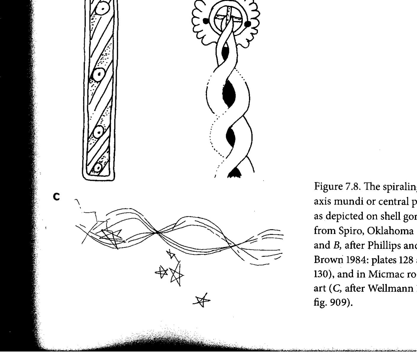 The concept of the axis mundi appears in the cosmology of various Na- tive American groups and functioned as a vertical support separating the stratified levels of the cosmos, as well as a conduit along which celestial energy, humans, and other-than-human-persons were able to travel. The axis mundi was typically manifested in the Middle World as either a tree or a wooden pole, such as the Cedar Pole from the Omaha Tent of War (Duncan 2011). This pole was wrapped and decorated with embellish- ments and ritual paraphernalia (Hall 2004) and often appears in Missis- sippian art as a spiral striped column (figure 7.8A). In other instances, the 