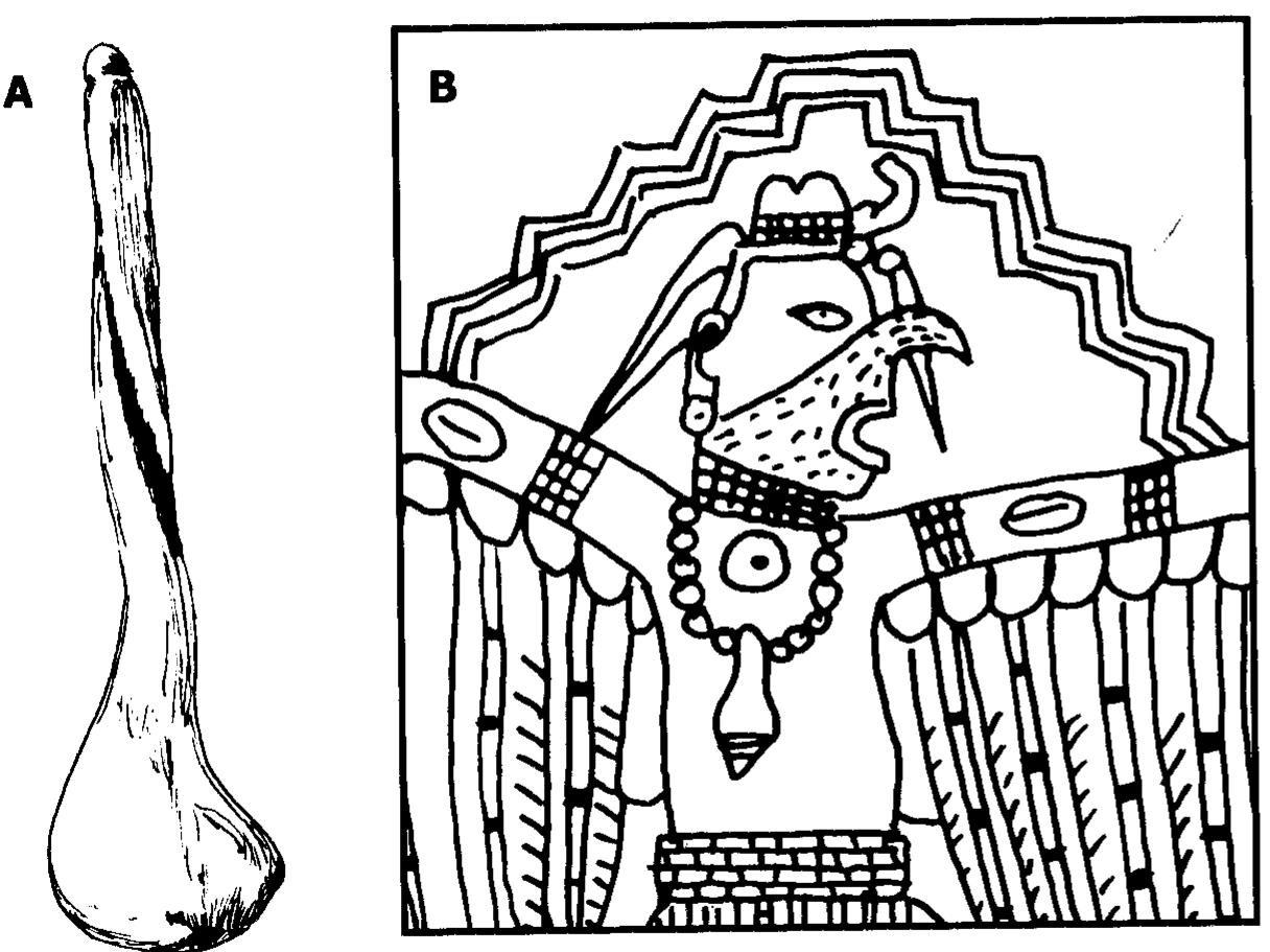 Figure 7.9. Marine shell columella pendant (A) and a similar pendant shown in Mis- sissippian shell art worn by Morning Star, or the Birdman (B, after Phillips and Brown  1984: plate 203). 