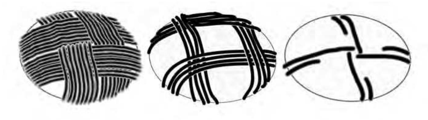 5: diagrams of the top three layers of needlewrought thread