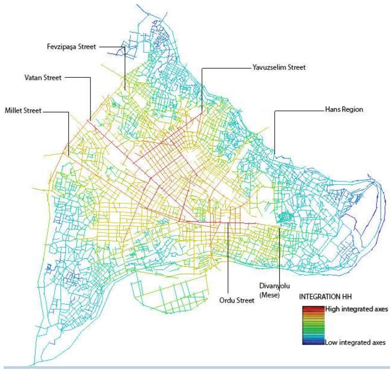 In space syntax analyses axia he sight lines drawn from each open public space one by  analysis. Axial lines are one. In axial maps, integ  ration d  maps are fundamental representations to conduct  egree increases by the number of intersections of  axial lines. Most integrated parts are graphically represented with black;  conversely, least integra’  general space syntax presenta historical peninsula are drawn to analyze its integration measures both in global focusing on Hans region spatially, analyzing all peninsula space is an important criterion Rn (global) analysis we can come to a solution like it’s more integrated in its  and local scales. Before  ed plac  es are marked with white (or from red to green in ions). From this point of view, axial maps of  0 see how spaces are integrated or segregated. In  central area comparing  o R3 (  ocal) analysis. In R3 we can observe that spaces  are less densely integrated through eastern parts that we can’t observe in Rn Figure 4). As mentioned before, in the research of Kubat analyzed in 1999 [6],  considering R3 and Rn analysis, peninsula has more Christian—Roman—European characteristics than Islamic where we can observe it in a Y shape spine which still carries the traces from Byzantine era.  »4: Local and global integrations of historical peninsula. 